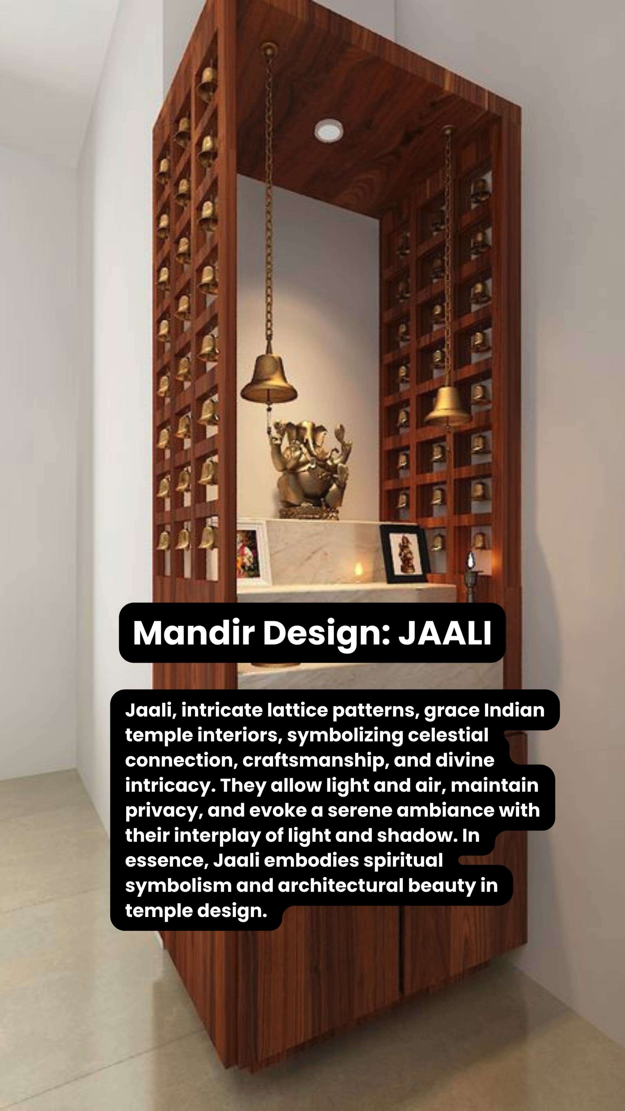 Mandir Design: JAALI

Jaali, intricate lattice patterns, grace Indian temple interiors, symbolizing celestial connection, craftsmanship, and divine intricacy. They allow light and air, maintain privacy, and evoke a serene ambiance with their interplay of light and shadow. In essence, Jaali embodies spiritual symbolism and architectural beauty in temple design.


#Poojaroom #InteriorDesigner #pooja #poojaroomdesign #poojaunit #poojaroomdecor #poojastand #poojadoor #poojaroomconcepts #poojaunitcumcrockery #poojaunitcnccutting #poojaunitdesig#poojaunit #creatorsofkolo #musthave #home #kitchenideas #modernhomes #ideas #essentials