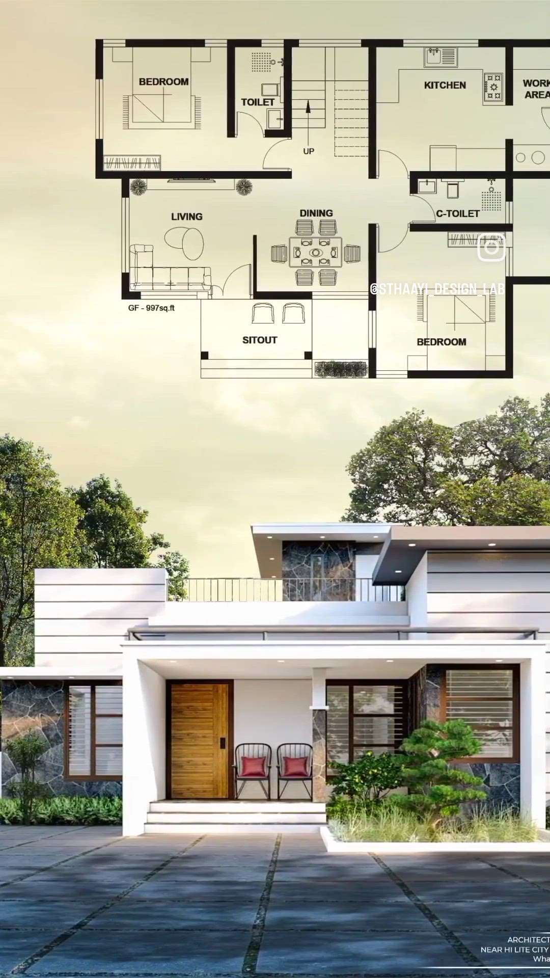 Beautiful 997 sqft Budget Home Exterior with plan 🏠🏡2BHK 🏕🏠 Design: @sthaayi_design_lab
.
Sitout
Living
2Bedroom 1attached 1C-toilet
Dining 
Kitchen 
Work Area 

.
.
.
.
.

#khd #keralahomedesigns
#keralahomedesign #architecturekerala #keralaarchitecture #renovation #keralahomes #interior #interiorkerala #homedecor #landscapekerala #archdaily #homedesigns #elevation #homedesign #kerala #keralahome #thiruvanathpuram #kochi #interior #homedesign #arch #designkerala #archlife #godsowncountry #interiordesign #architect #builder #budgethome #homedecor #elevation #plan