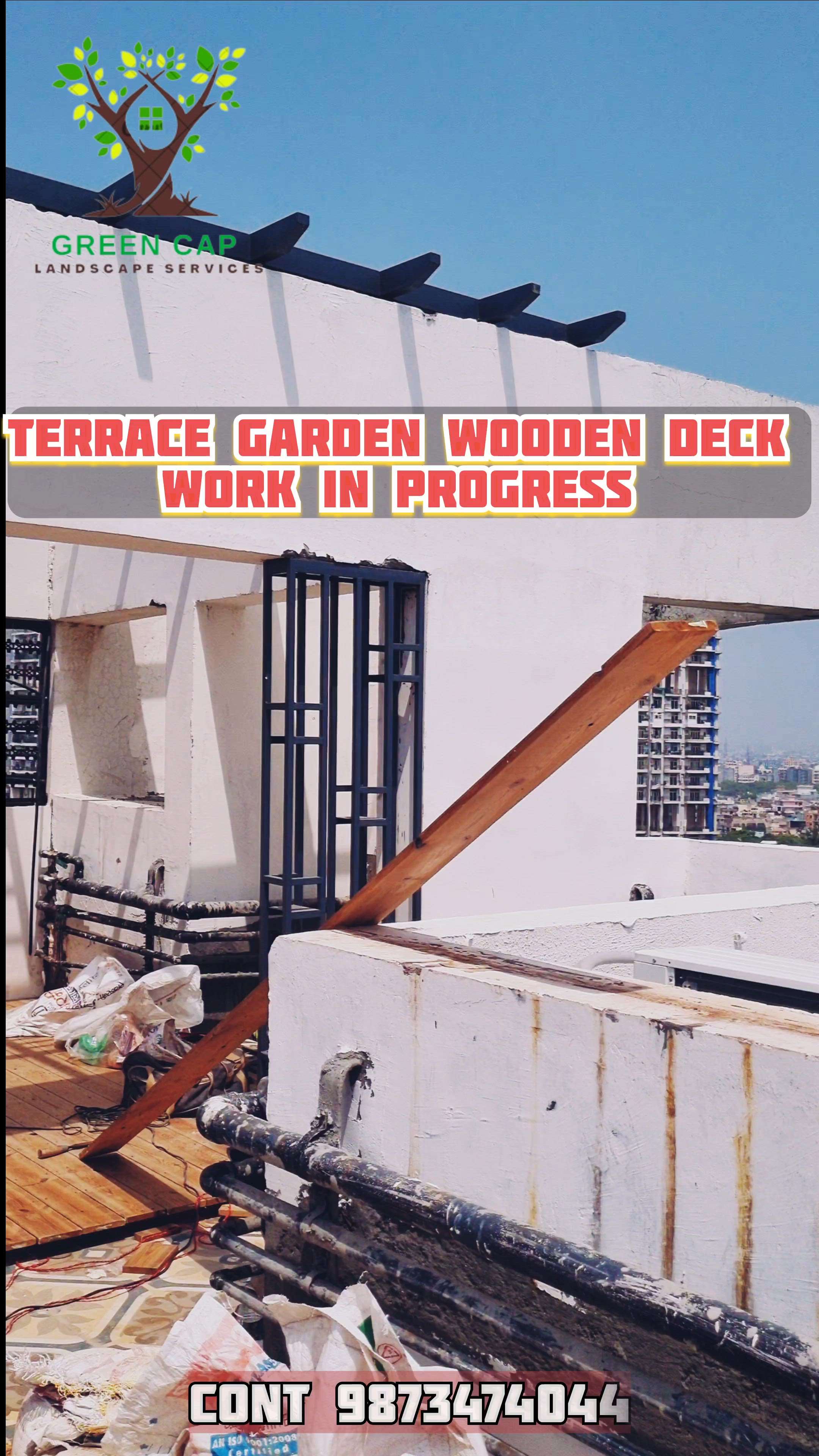Terrace Garden Work in progress  #RooftopGarden  #WoodenFlooring  #thermopinedeck
 #pergoladesign  #VerticalGarden