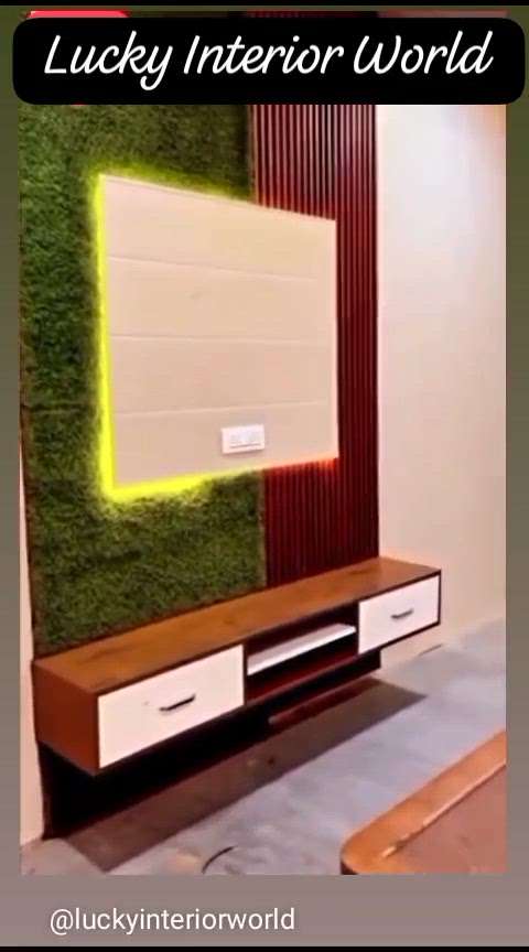 PVC Panel - lower panel- Wallpaper - artificial grass & wooden furniture interior,