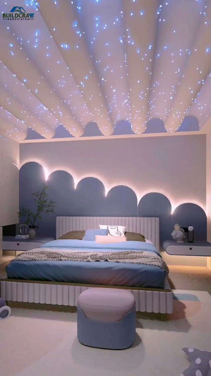 Bedtime becomes a celestial experience with this stunning moon and star-themed bedroom, a testament to Build Craft Associates' craftsmanship.  #moonstartheme  #MasterBedroom  #luxurybedroom