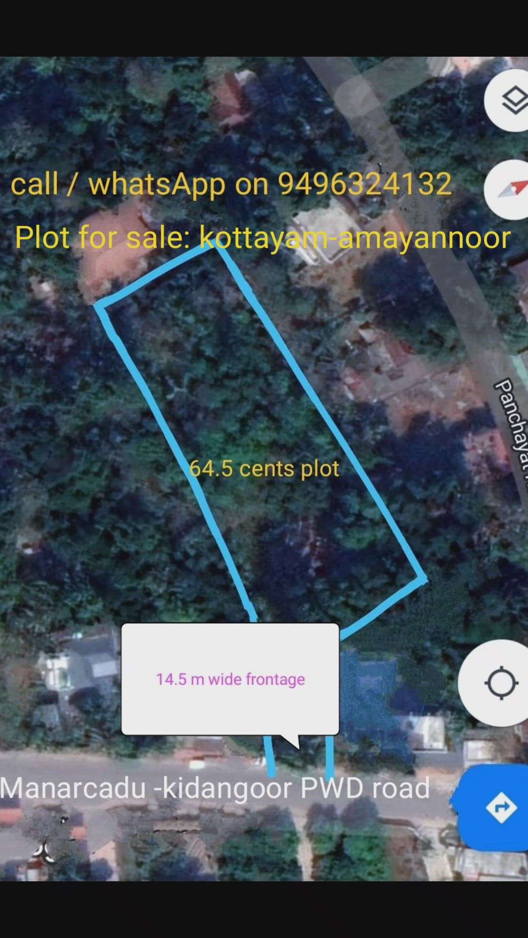 65 cents plot for sale. frontage to PWD road (kidangoor-manarcad) at Amayannoor, Kottayam. 
interested people contact on 9496324132