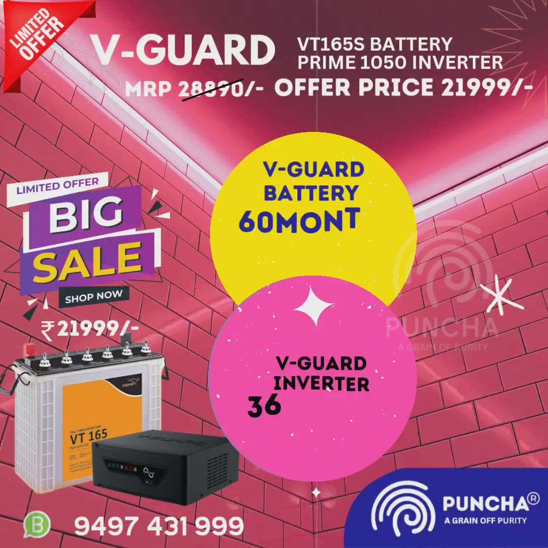 BIG SALE
VGUARD INVERTER BATTERY COMBO
FOR MORE DETAILS click the below whats app link

https://wa.me/message/6CXKCNA3YQDRE1

VGUARD 165S BATTERY 60 MONTHS WARRANTY & VGUARD PRIME 1050  INVERTER 36 MONTHS WARRANTY

MRP RATE:28890/-
OFFER RATE:21999/-
PUNCHA. IN
NEW  BUS STAND COMPLEX  CHERKALA, KASARAGOD MOB:+919497431999OUR BRANCHES :ADOOR, MULLERIA, PADUPPU, MOGRAL PUTHUR, KUMBRA