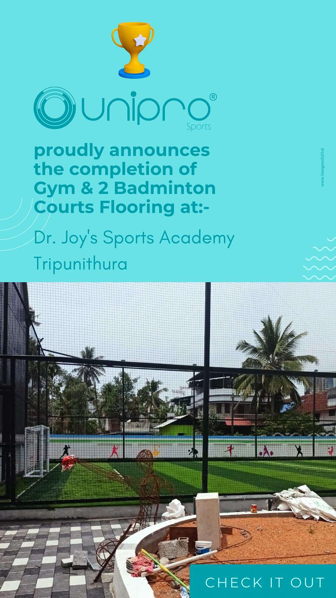 📢 Exciting Announcement! 🎉 We are thrilled to share the completion of our brand new Gym and 2 Badminton Court Flooring! 🏋️‍♀️🏸at Dr. Joy's Sports Academy, Tripunithura, Kochi.

✅ BWF Approved: Our state-of-the-art flooring boasts a 6.5mm thickness of sports-grade vinyl, ensuring a top-notch playing experience for all athletes. 🏅

✅ XCS Technology: With an Extremely Dense Cellular Structure, our flooring guarantees excellent recovery, giving you the perfect bounce and support during intense games. 🏓

✅ Double Foam Backed: Say goodbye to discomfort! Our flooring provides double foam backing for superior cushioning and shock absorption, reducing the risk of injuries. 💪

✅ Exceptional Wear Resistance: Our flooring is built to last, thanks to its wear layer that offers exceptional resistance to scratches. ⚡️

✅ Easy Maintenance

Want to know more? Call us:
 wa.me/919544308555
www.uniprogroup.in
t.me/uniprogrp
 #badmintoncourt #sportsflooring  #uniprogrp  #unipro