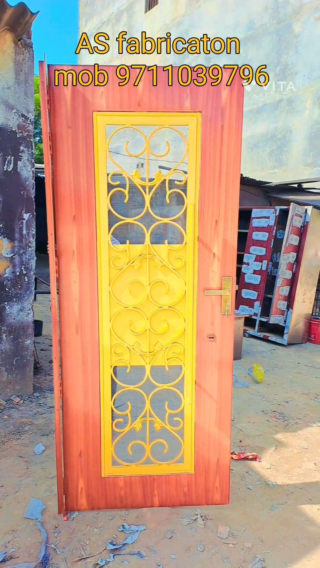 AS fabricaton mob 9711039796 #detail# iron door# double lock #mosquito net#wooden Golden paint#door