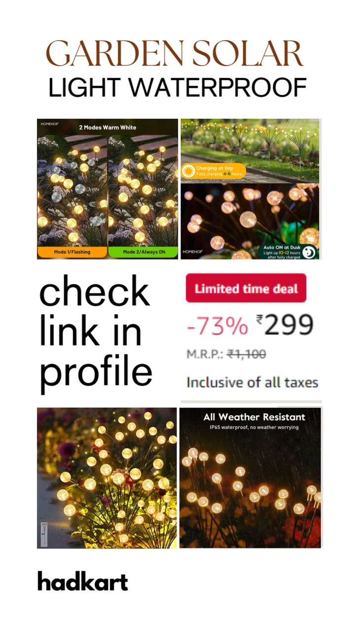 Limited time deal *₹299*
 Garden Solar Light 8 led Swaying Crystal Ball Firefly Flickering Outdoor Waterproof Decorative lamp for Pathway & Home Decor Warm White Auto On/Off,(65cm)  https://amzn.to/3W58fi6

കൂടുതൽ deals കിട്ടാൻ  ചെക്ക് ചെയുക https://chat.whatsapp.com/Hy8j2TGKhtrAIEfFSgdWrL  #home  #garden  #light