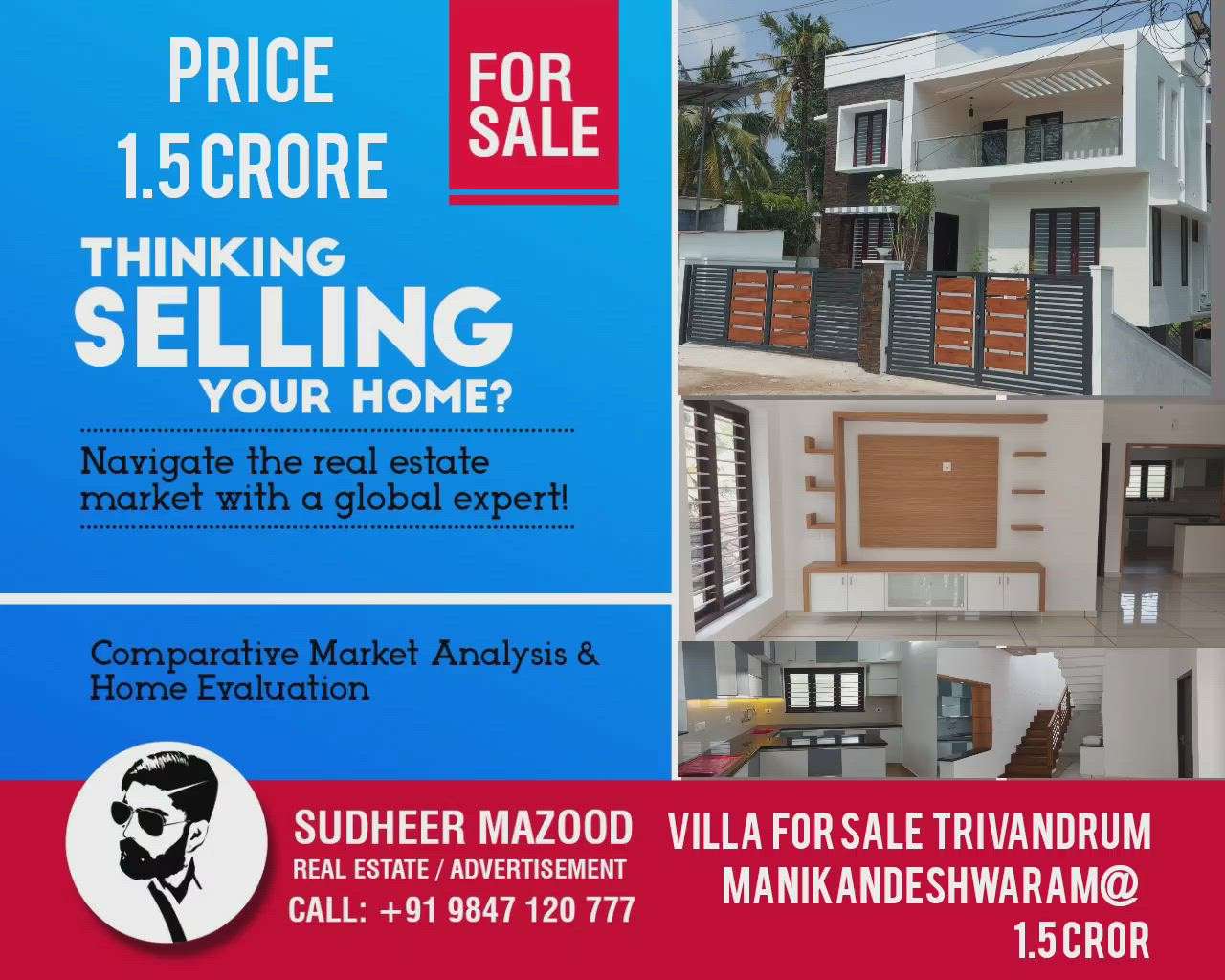 FOR SALE TRIVANDRUM PEROORKADA Manikanteswaram, 
6 Cents 2300 Sqft 4Bed attached . Cellar 950 Sqft. First Floor can park 2 suv Car , cellar floor can park 3Car . 
Red brickConstruction . 
Semi Furnished . Having furnished kitchen and Cupboards . 
Property having Main 
Road Frontage . Manikanteswaram . 
Peroorkada main Road Frontage . Wide Tar road frontage two lorry can easily move together same time 
Trivandrum Real estate 
City limit . Sudheermazood Realtors . 

Price  1.5 Crore slightly negotiable 

Locations - 
350 meter from Manikanteswaram
Junction . 2.km From peroorkada Junction 
1.4 km From vattiyoorkavu . 4.6 km From kowdiar palace . 
Villa / House Project at peroorkada in Manikanteswaram 
Trivandrum .
Construction status - 
Red Brick Construction and Teak wood . Ready to occupy T/C obtained and Building Tax Paid . occupancy Certificate Recieved Fully In Branded international Brands  and Quality Materials .
IF you are interested please Contact 9847120777