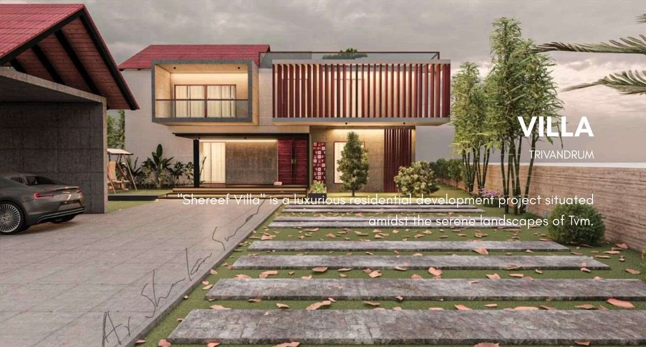 "Shereef Villa" is a luxurious residential development project situated amidst the serene landscapes of Tvm.  #kolo #resindentialdesign #architedesign  #lexuaryhomes #tredingdecors #landscapearchitecture