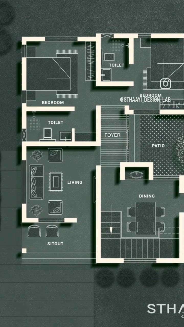 Kerala Budget Home Plan 🏡 2BHK | SINGLE STORY |
Design: @sthaayi_design_lab 

Ground Floor 
● Sitout 
● Living 
● Foyer 
● Patio
● 1Bedroom attached with Dressing 
● 2nd Bedroom attached 
● Dining
● Stair 
● Kitchen 
.
.
.
#sthaayi_design_lab #sthaayi 
#floorplan | #architecture | #architecturaldesign | #housedesign | #buildingdesign | #designhouse | #designerhouse | #interiordesign | #construction | #newconstruction | #civilengineering | #realestate #kerala #budgethome #keralahomes