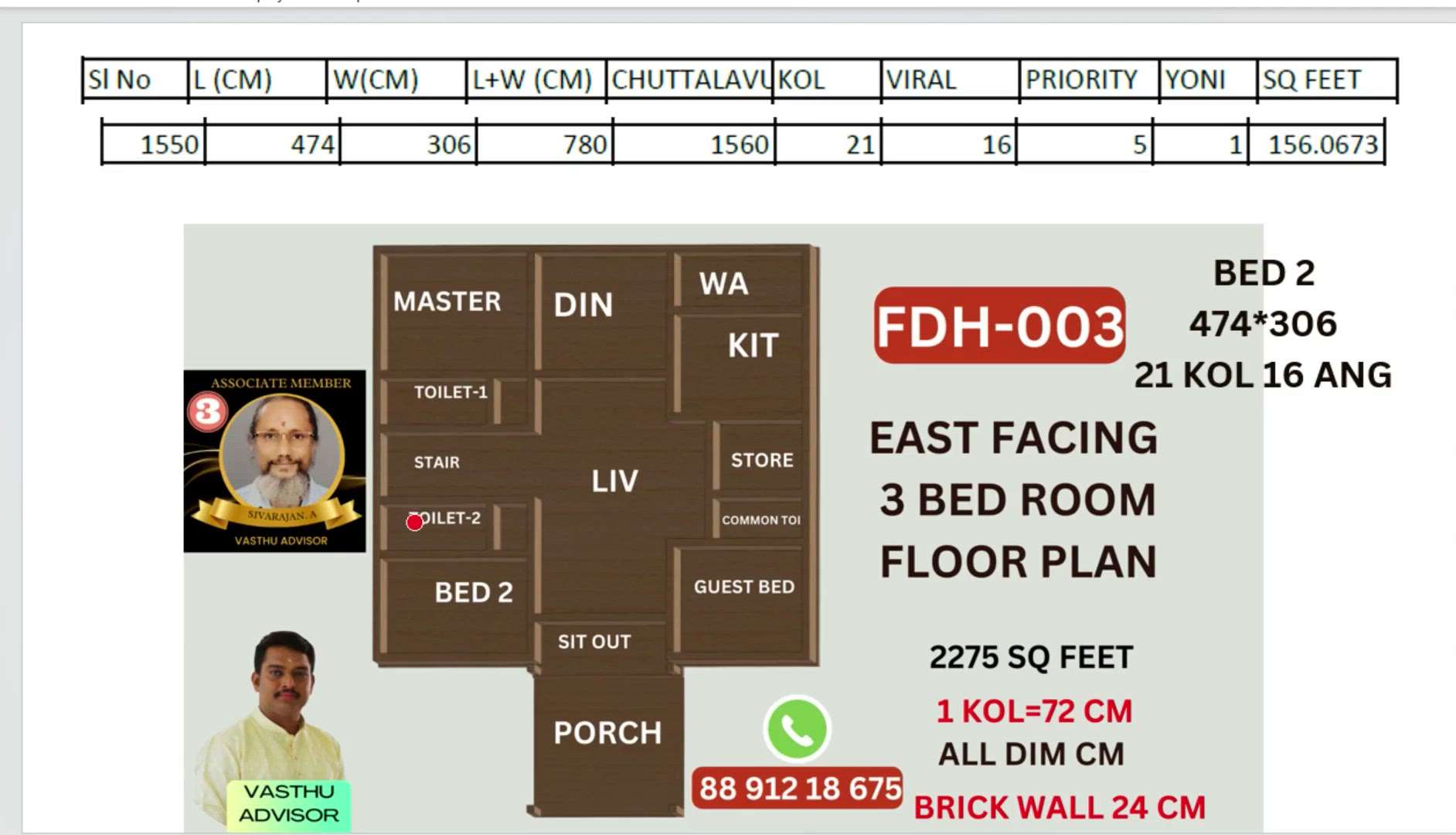 3 bed room east facing vasthu floor plan with dimensions