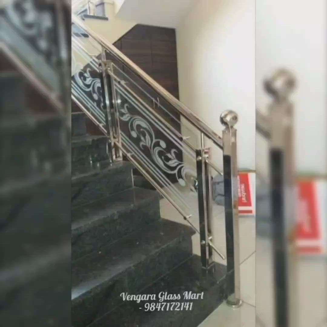 Glass stair cases with etching & colouring.. modern design in stainless steel and wooden... works contact pls - Vengara Glass Mart 9847172141