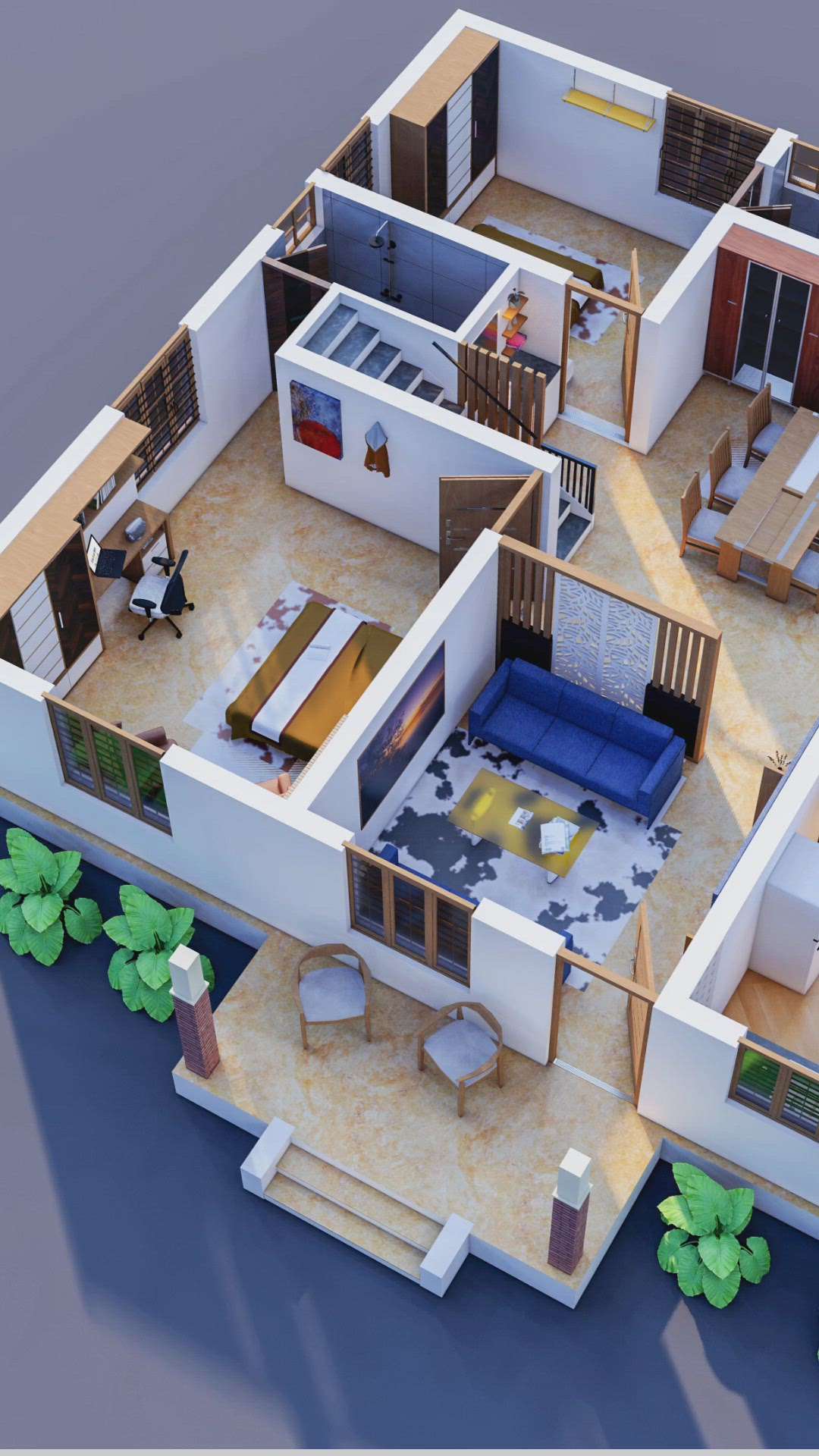7 centil 1450 sqft/ 2bhk/ house 3d floor plan / courtyard / designed by anju kadju  #2bhkplan #7centPlot #1500sqftHouse