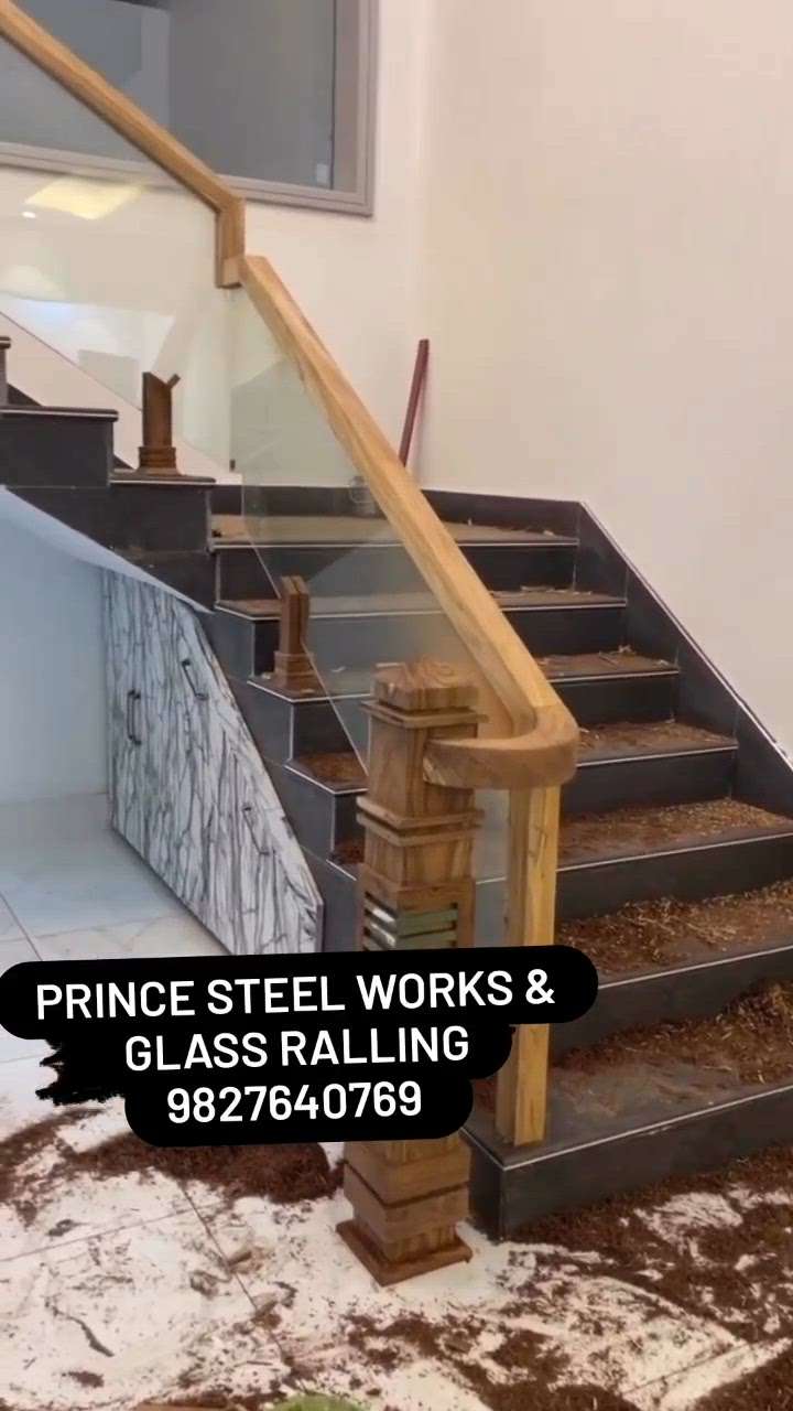 wood glass ralling by prince steel #WoodenStaircase
 #WoodenBalcony    #WoodenStaircase  #GlassHandRailStaircase  #GlassBalconyRailing