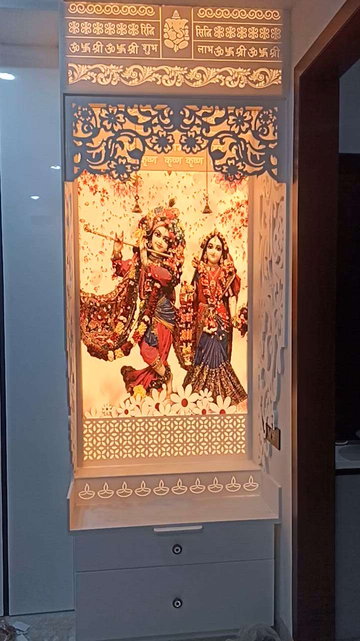 #3d & 4d Customized Radhey Krishna Designer Modern Corian Mandir with led lights with colour complete Mandir#