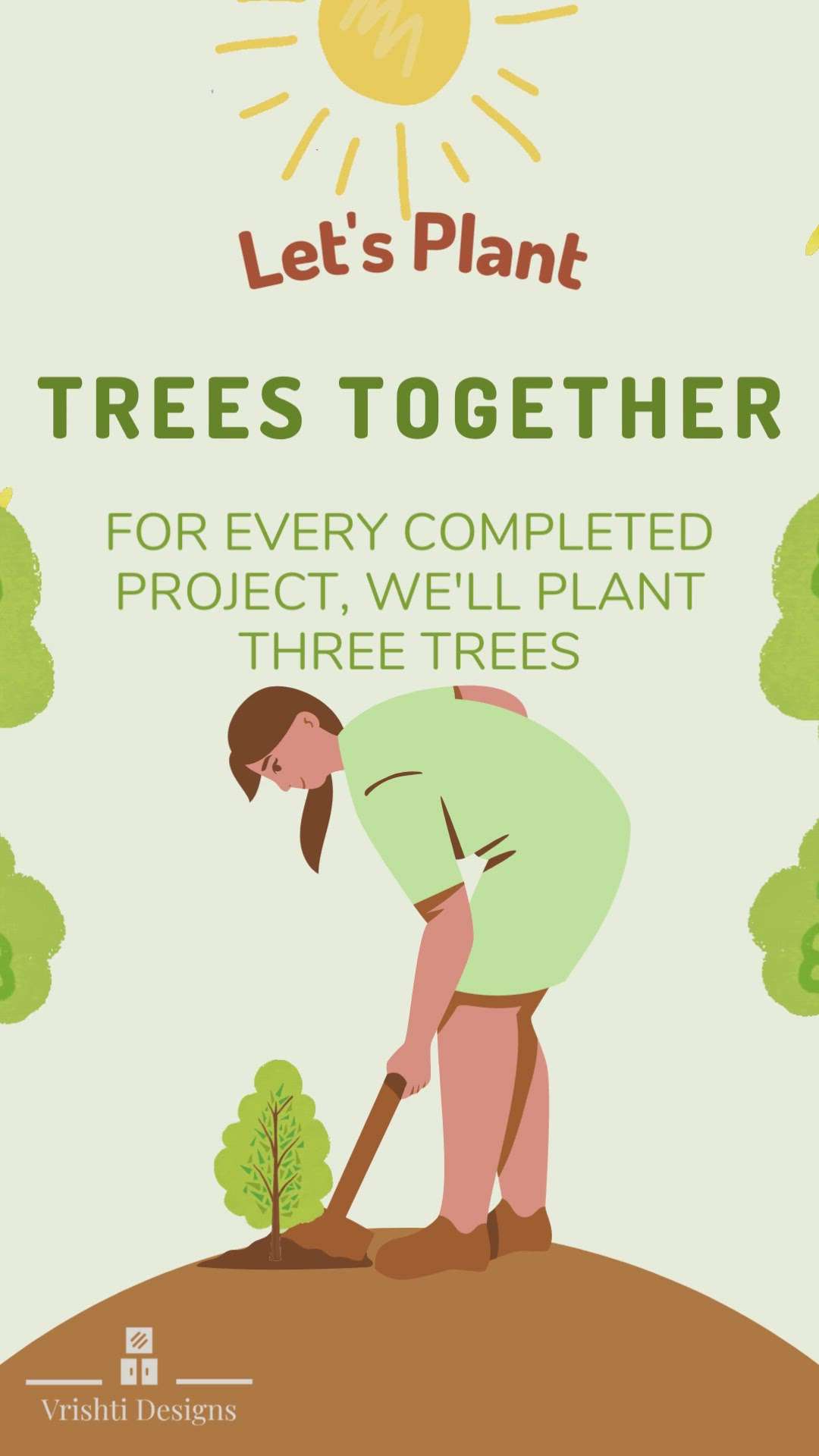 "At Vrishti Designs, we're passionate about creating beautiful spaces that enhance people's lives. But we also believe that design should be sustainable and responsible. That's why we're excited to launch our new tree-planting campaign – for every project we complete, we'll plant 3 trees. With your support, we can create a more sustainable future for generations to come. 🌱🌿🌳 #sustainability #environment #greenerfuture #treeplanting #interiordesign  #vrishtidesigns