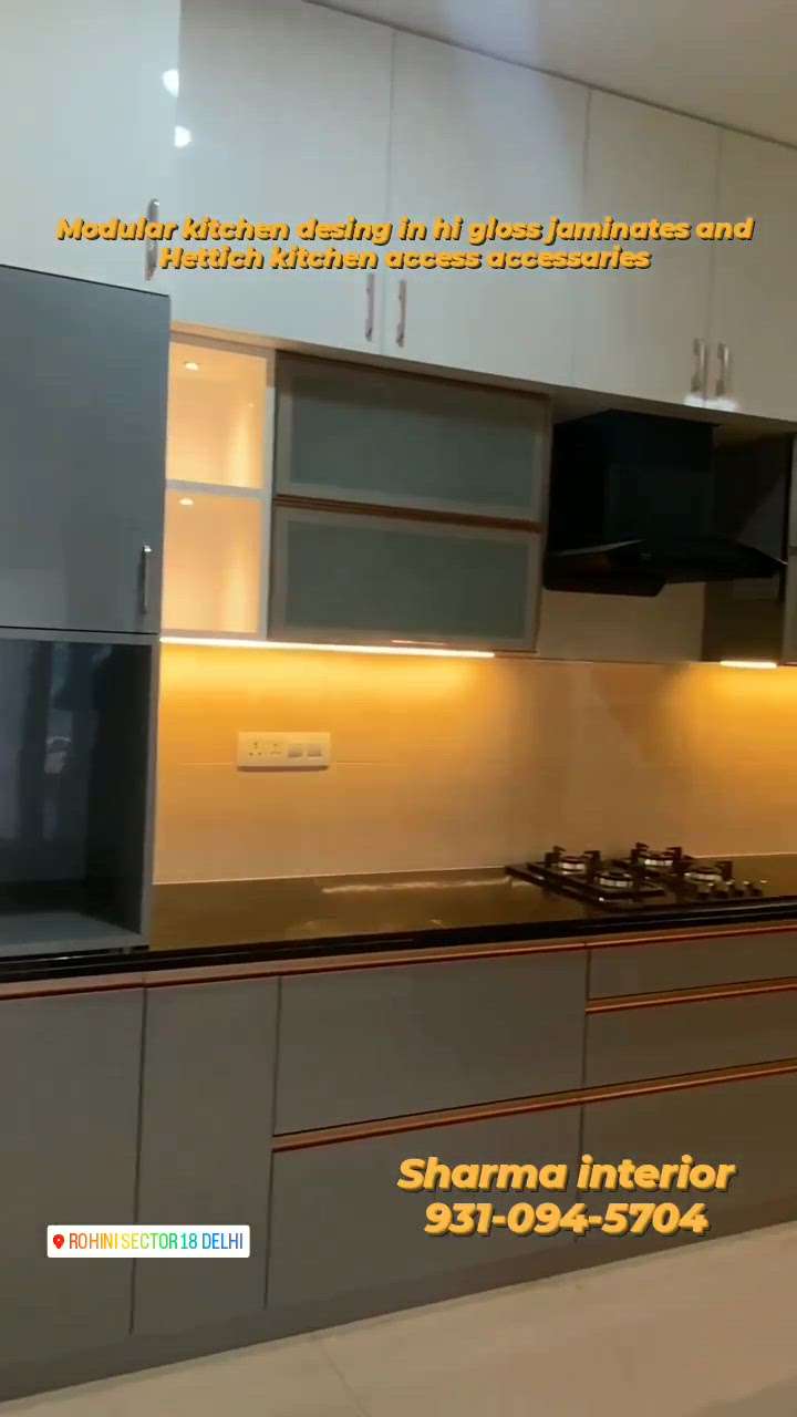 Modular kitchen design in hi gloss laminates and Hettich kitchen access accessories