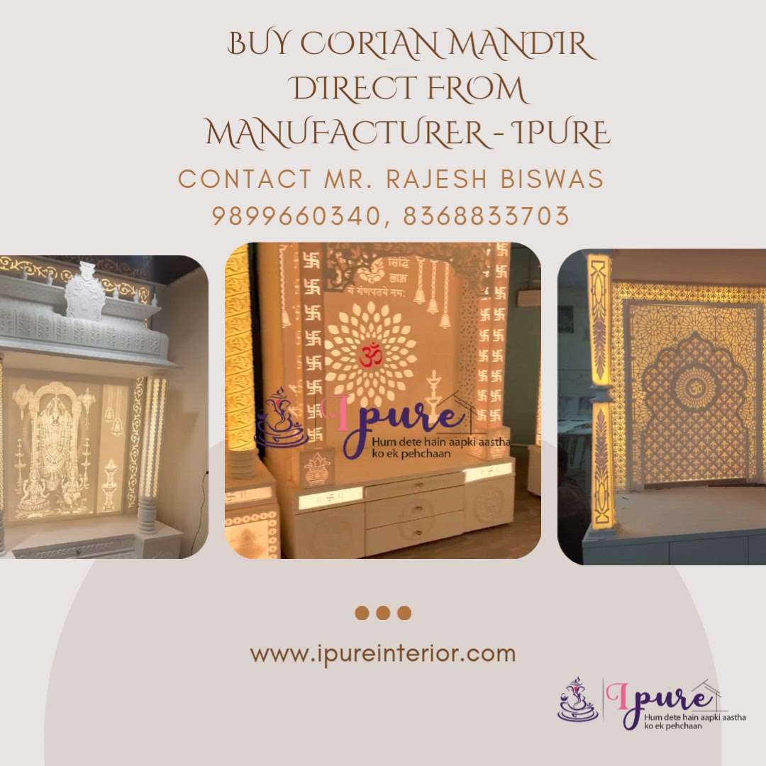 Corian Temple / Corian Mandir / Pooja Mandir / Pooja Temple - by Ipure

contact- 9899660340 or 8368833703

We are the leading Manufacturer of Corian Mandir / Corian Temple or any type of Interior or Exterioe work.

For Price & other details please Contact Mr. Rajesh Biswas on CALL/WHATSAPP : 8368833703 or 9899660340.

We deliver All Over India & All Over World.

Please check website for address .

Thanks,
Ipure Team
www.ipureinterior.com
https://youtube.com/@ipureinterior6319?si=0Rxezcft4ozgXc6y
 
#corian #corianmandir #coriantemple #coriandesign #mandir #mandirdesign #InteriorDesigner #manufacturer #luxurydecor #Architect #architectdesign #Architectural&nterior #LUXURY_INTERIOR #Poojaroom #poojaroomdesign #poojaunit #poojaroomdecor #poojamandir #poojaroominterior #poojaroomconcepts #pooja