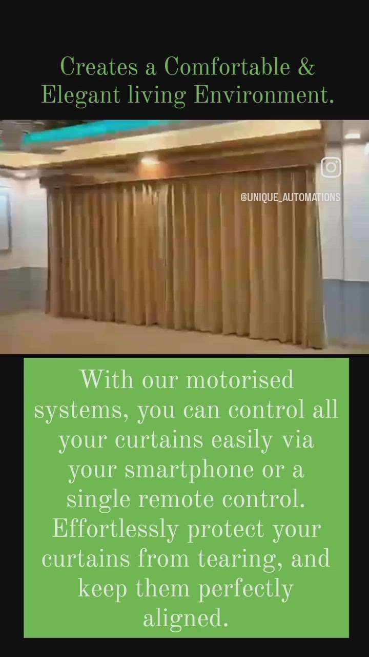 With our motorised systems, you can control all your curtains easily via your smartphone or a single remote control. Effortlessly protect your curtains from tearing, and keep them perfectly aligned in shape.
Creates a Comfortable & Elegant living Environment. CALL NOW📲 
9910083919
0r WHATSAPP 
wa.me/919910083919
 #smarthomes #HomeAutomation #smartcurtain #futureconcept
#befutureready #completepeaceofmind #luxurylifestyle
