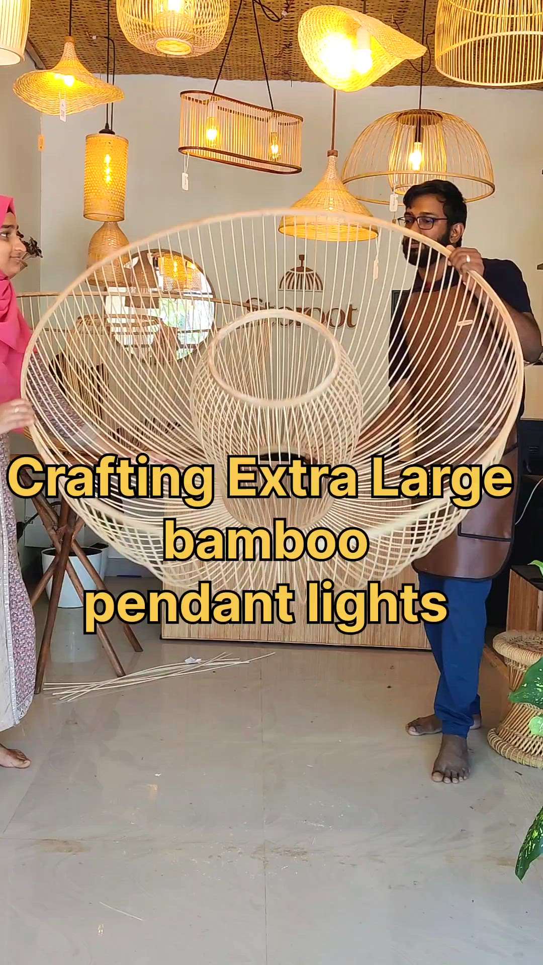 Crafting Customized Bamboo pendant lights. This handmade light is 1.2 m diameter and completely made out of natural bamboo. Sustainable architecture and green practice  #custamizedwork  #handmade #bamboo #bamboolights #madeinkerala #bamboointerior #sustainableconstruction #sustainabledesign #green⁠ #bohodecor #lighting