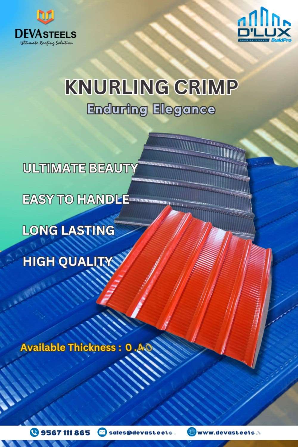 Latest trend in Crimped / Arch sheets - KNURLING Crimp 

Available in many colours and thicknesses

No chance for breakages/pin holes

Easy to handle & transport

#Architect #Archsheets #Bendedsheets #Crimped #Crimpedsheets #JSW #TATA #jindal