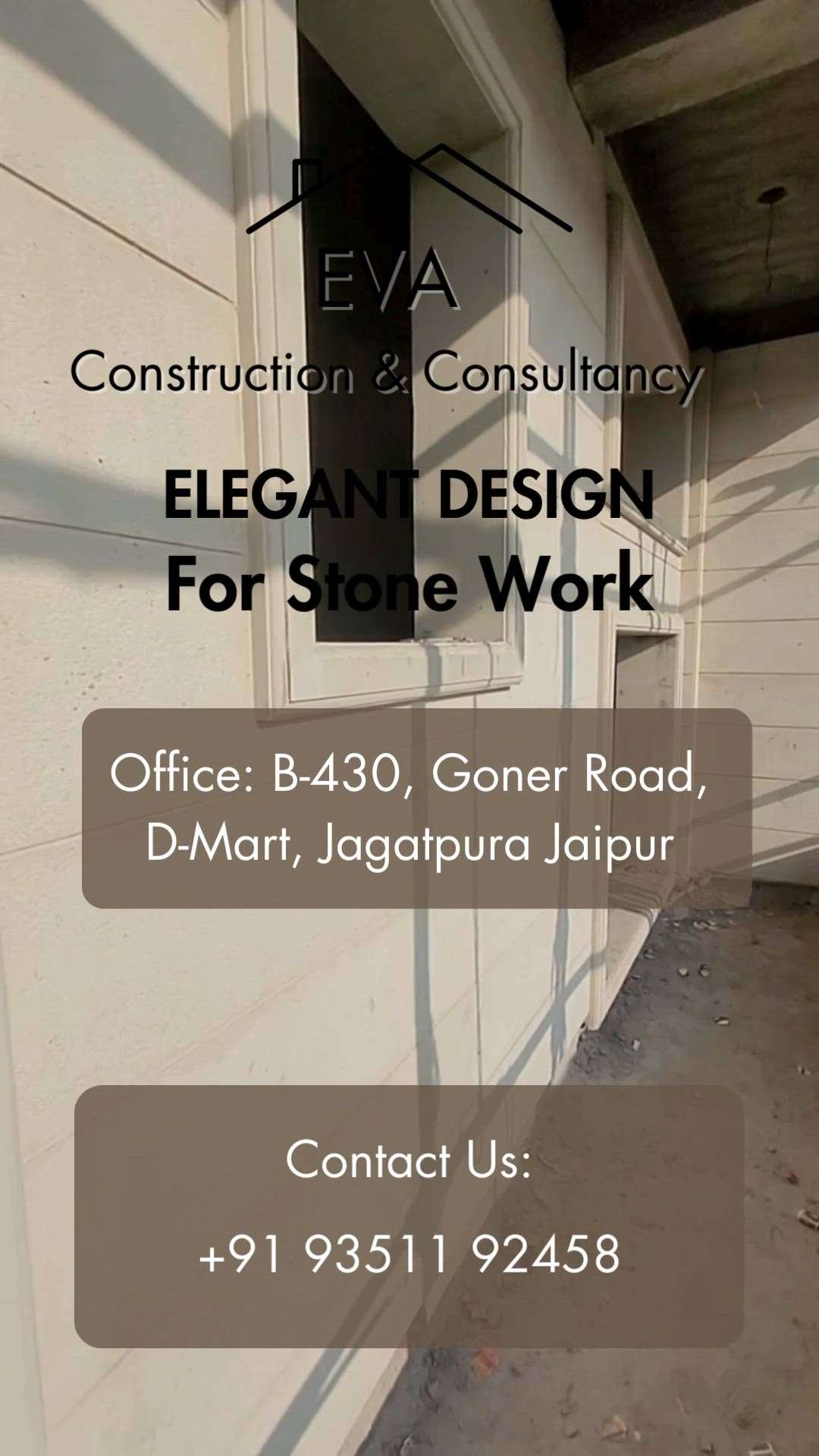 !! Elegant Stone Work !!
Contact: 
EVA Construction & Consultancy 

9351192458
8079032499

B-430, Goner Road, Opposite D-Mart, Jagatpura, Jaipur

#HouseConstruction #architecturedesigns 
#Architectural&Interior 
#jaipur
#jagatpura