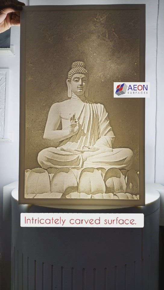 Presenting you all-Lithophane Panel - Backlit Buddha!
Transform a photo into embossed picture in 3D.
At first the result doesn't show much at first, but lit it from the backside and you'll be amazed by the details. The way it works is that light passes through the thin parts while being blocked by the thick parts.
So, now restore your memories of your loved ones or a natural scenery or imagine some complex graphics.
#aeonsurfaces #corian3dface
#backlitstatue #buddhaart
#lithophane
#3dportraits
#Corian 
#solidsurface