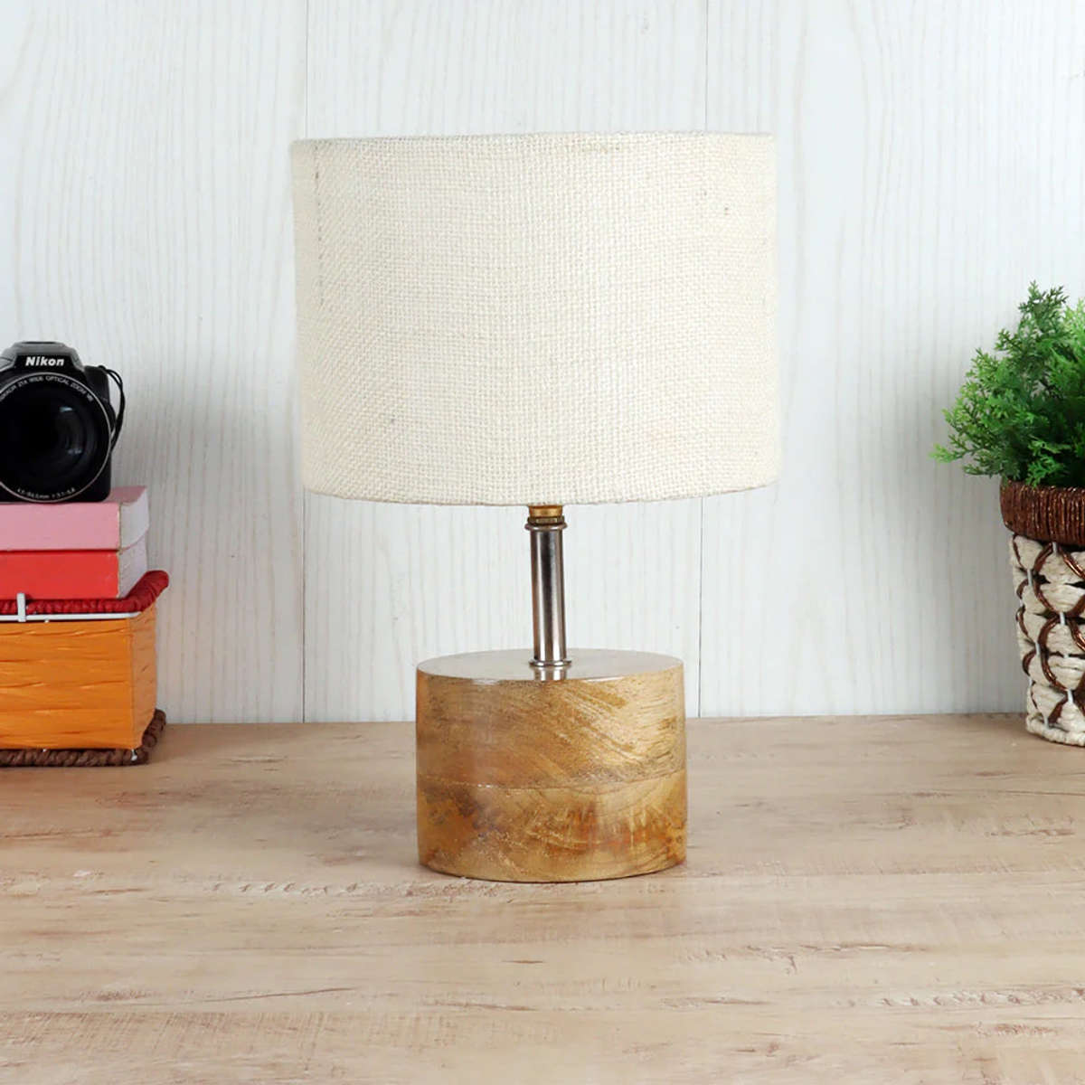Wood base table lamp with White Jute Shade