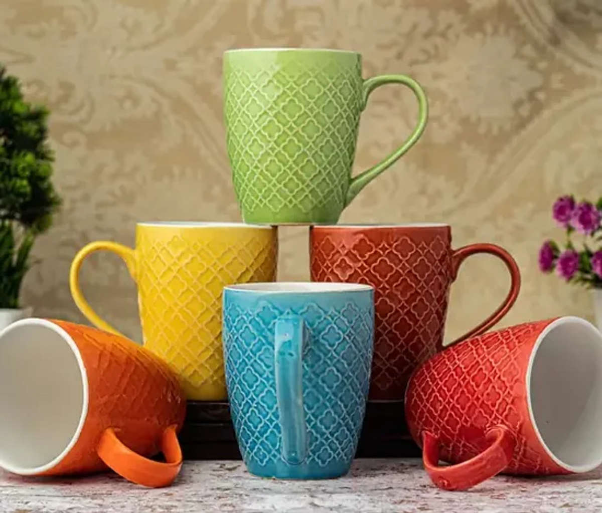 Textured Multicolor Ceramic Mug Set Of 6 3671