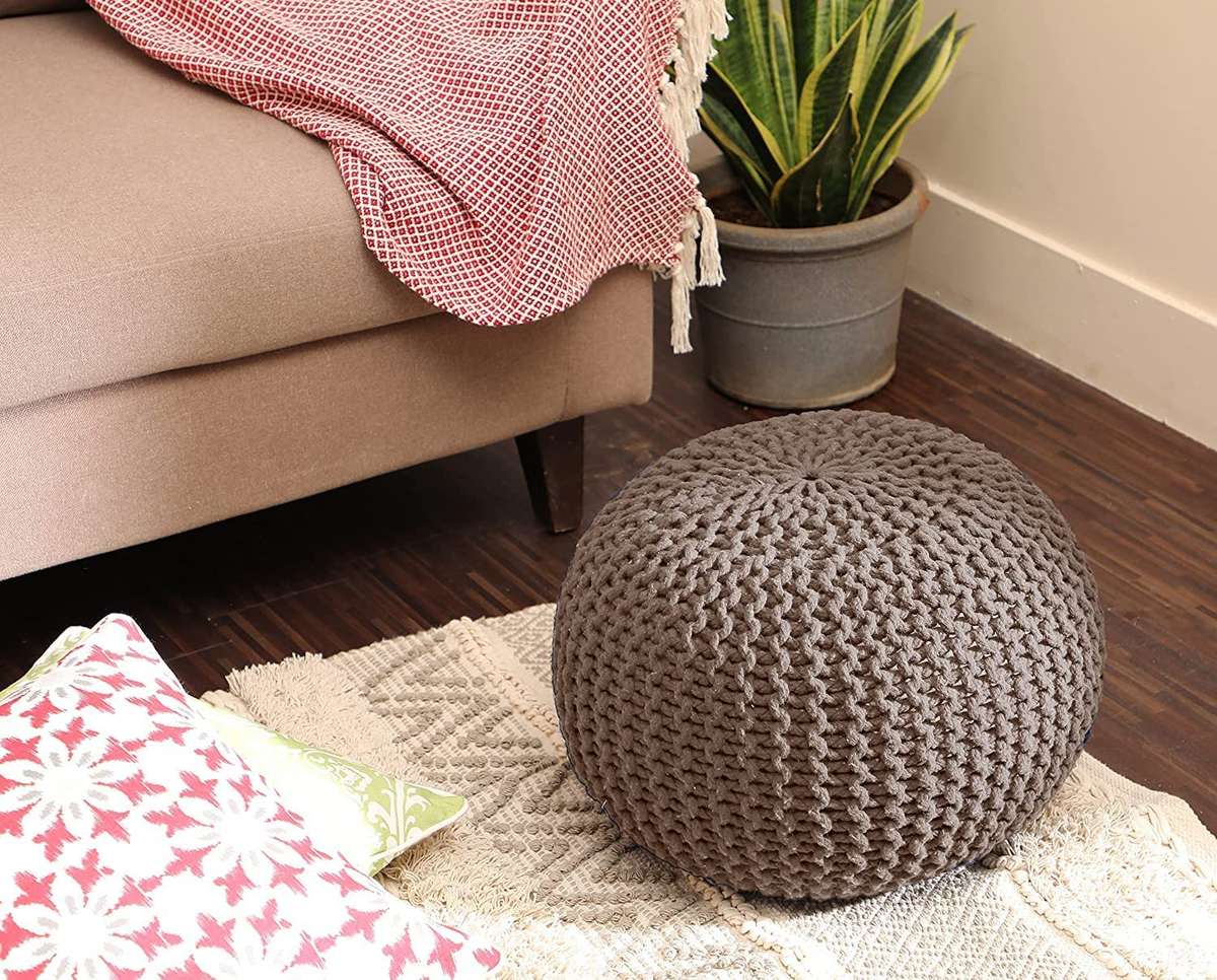 REDEARTH Round Pouf Foot Stool Ottoman -Hand Knitted Bean Bag, Cord Boho Pouffe, Cable Poof Accent Beanbag Chair Footrest for Living Room, Bedroom