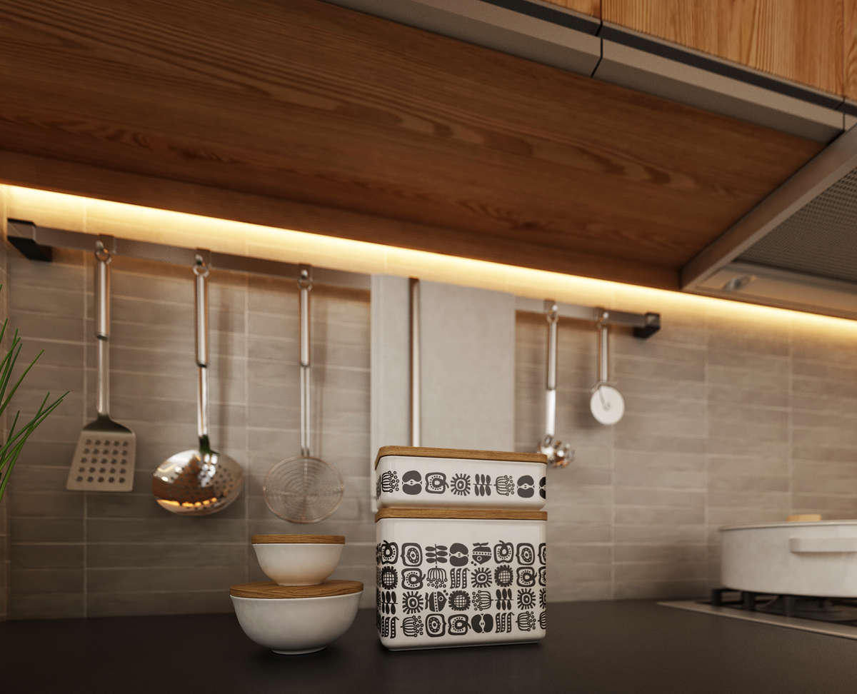 Ceiling, Kitchen, Lighting, Storage Designs by Interior Designer Trio Arch studio, Thrissur | Kolo
