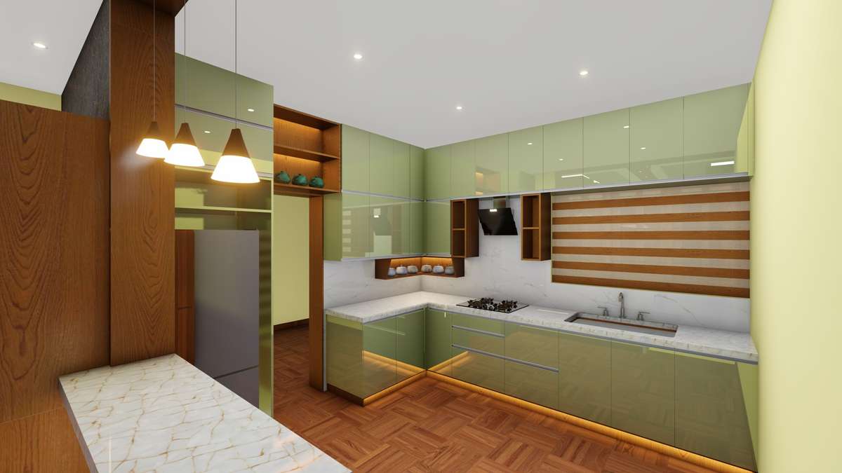 Kitchen, Lighting, Storage Designs by Contractor Vipin Sudarsanan, Kollam | Kolo