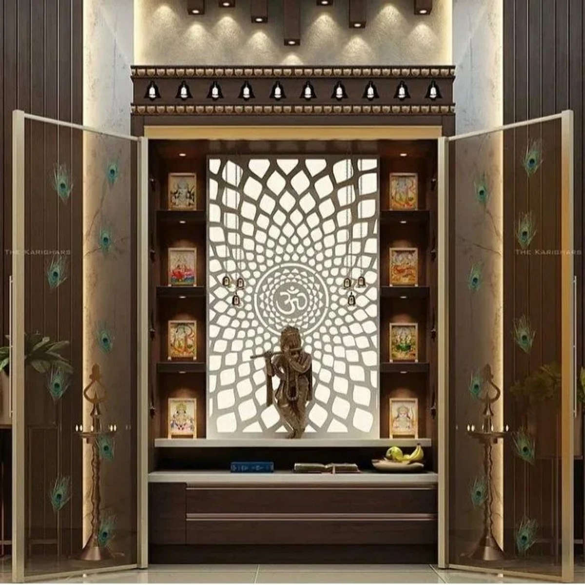 Prayer Room, Lighting, Storage Designs by Interior Designer Deepak Sharma, Delhi | Kolo