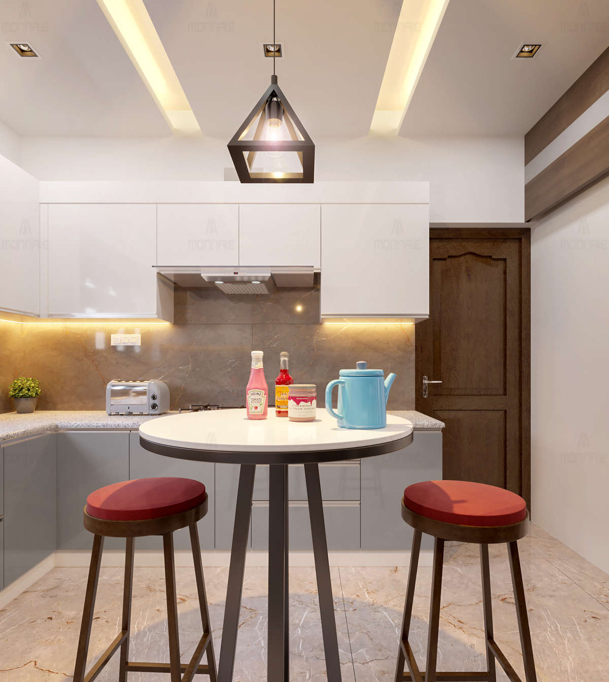 Ceiling, Kitchen, Lighting, Storage Designs by Architect Monnaie Architects And Interiors, Palakkad | Kolo