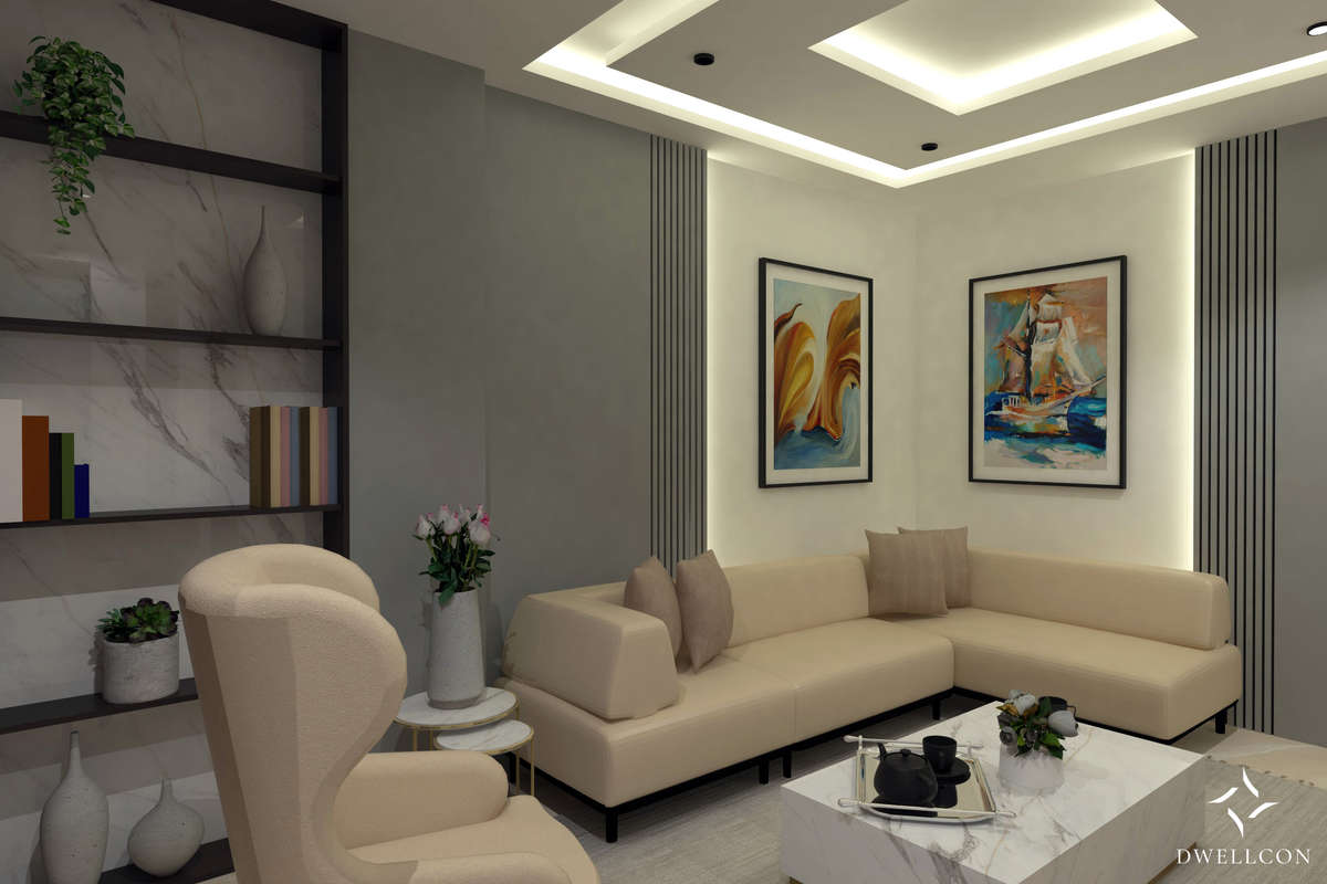 Ceiling, Furniture, Lighting, Living, Table, Storage Designs by Interior Designer Dwellcon , Gurugram | Kolo