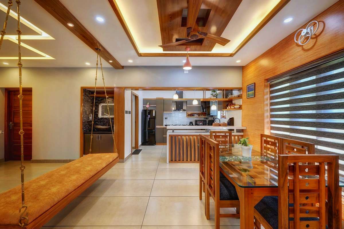 Ceiling, Dining, Furniture, Table, Lighting Designs by Architect Salmia Builders, Ernakulam | Kolo
