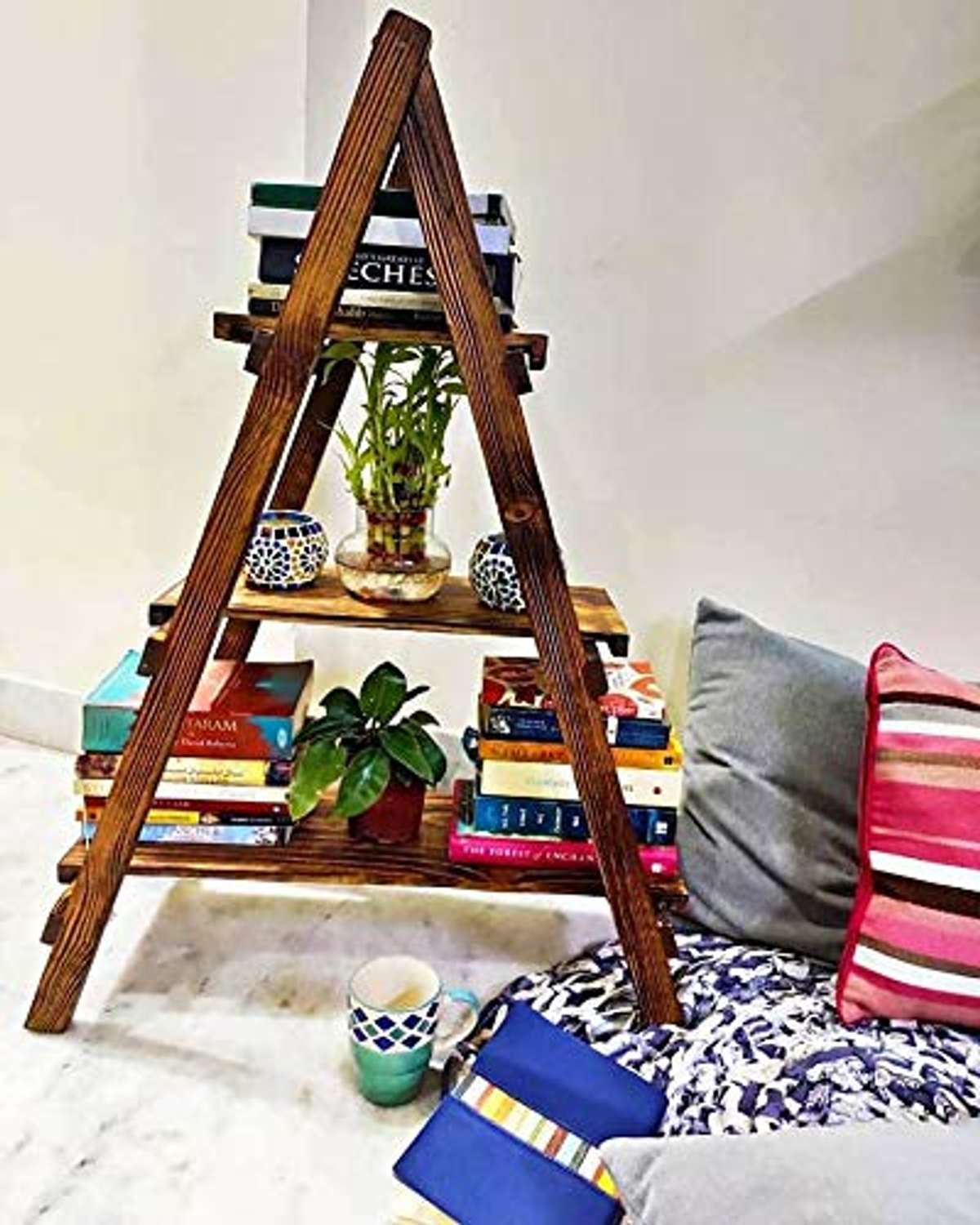 HIDEN® Wooden Ladder Shelve Bookshelf Finish Pine Wood Shelf Home Decorative for Showpiece Plant
