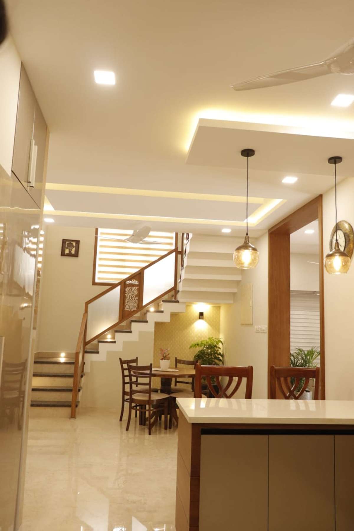 Dining, Furniture, Table, Ceiling, Lighting, Staircase Designs by Interior Designer gireesh kumar, Malappuram | Kolo