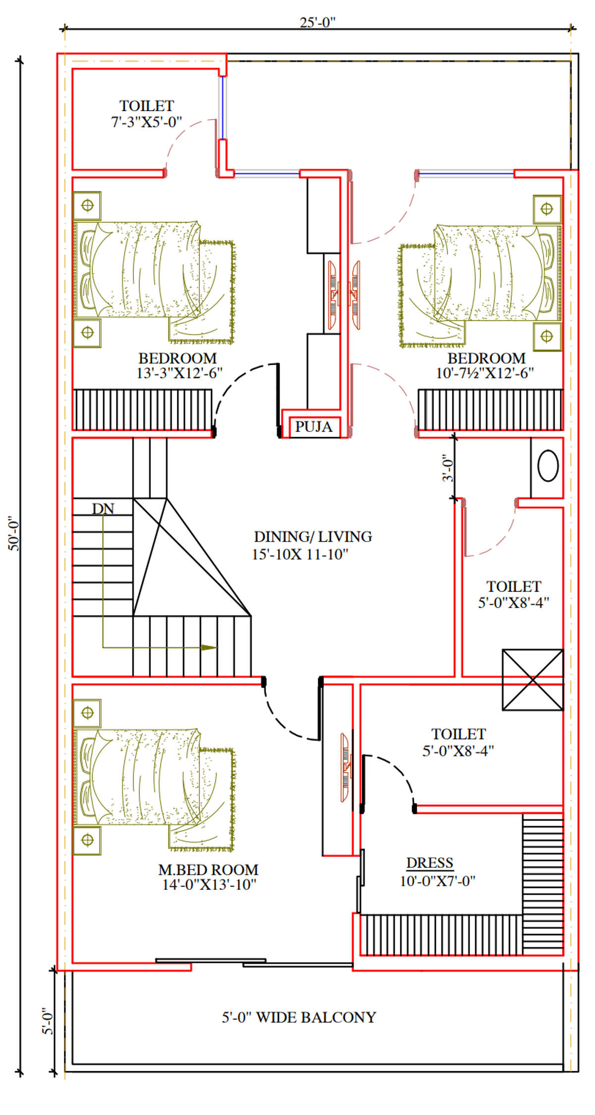 South face elevation of 32'x50' East facing house plan is given as