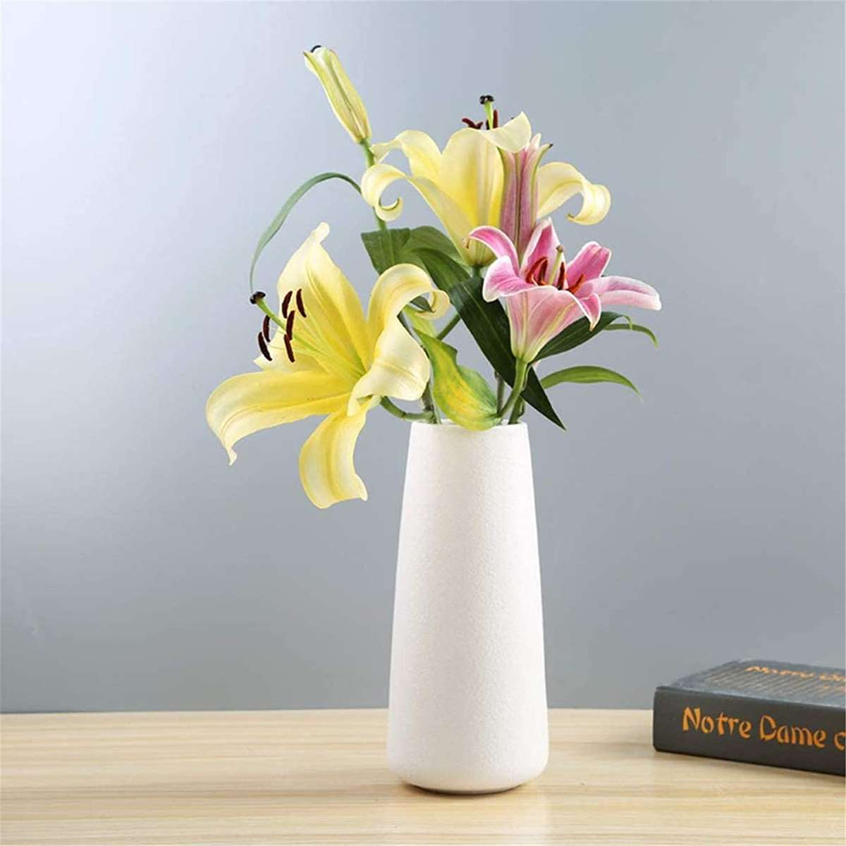 Gemseek White Ceramic Flower Vase, 8 inch Tall Modern Vase for Living