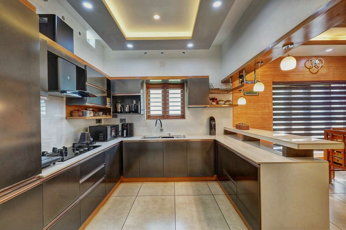 Ceiling, Kitchen, Lighting, Storage, Window Designs by Architect Salmia Builders, Ernakulam | Kolo