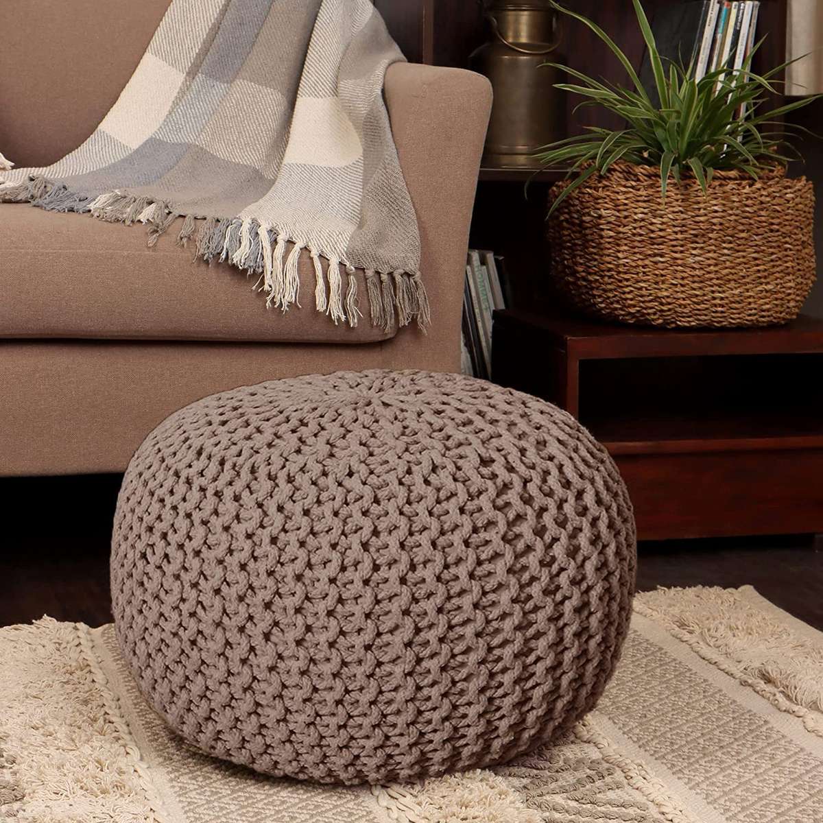 REDEARTH Round Pouf Foot Stool Ottoman -Hand Knitted Bean Bag, Cord Boho Pouffe, Cable Poof Accent Beanbag Chair Footrest for Living Room, Bedroom
