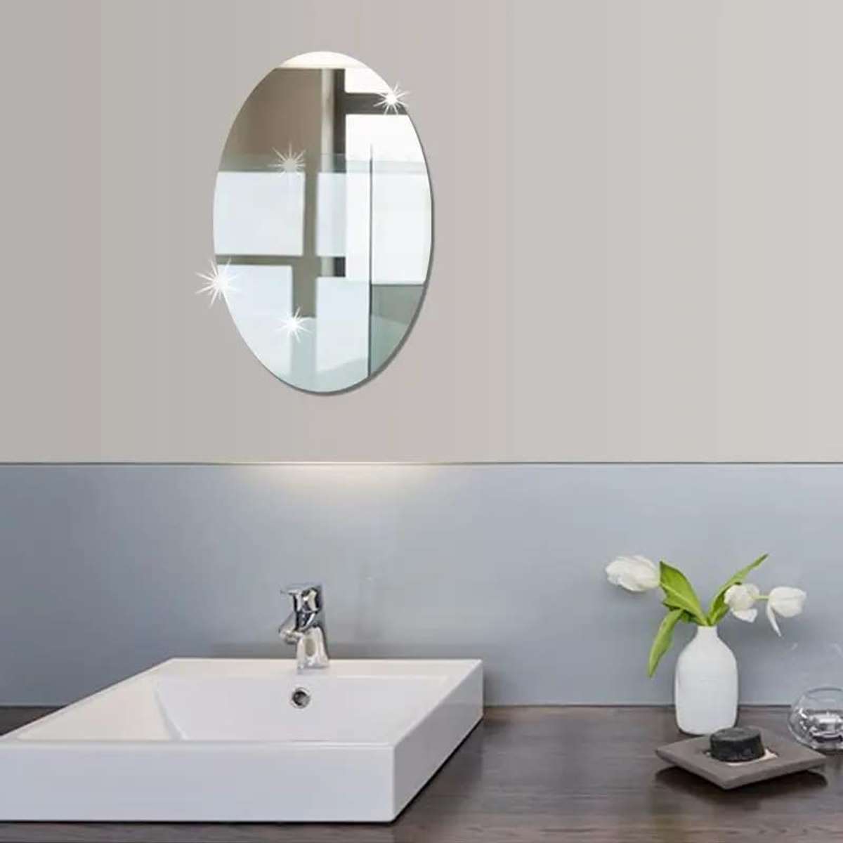 IGNITO oval shape adhesive mirror sticker for wall on tiles bathroom  bedroom living room unbreakable plastic