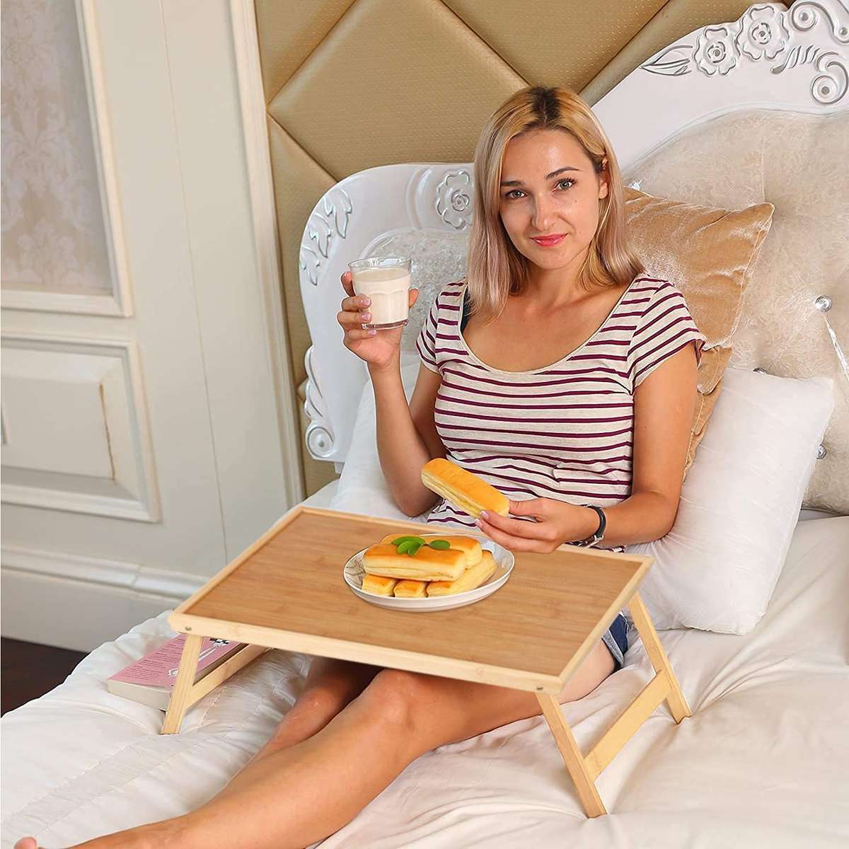 Bamboo Bed Breakfast Tray, Bed Trays for Eating with Folding Legs, Food  Snack Tr