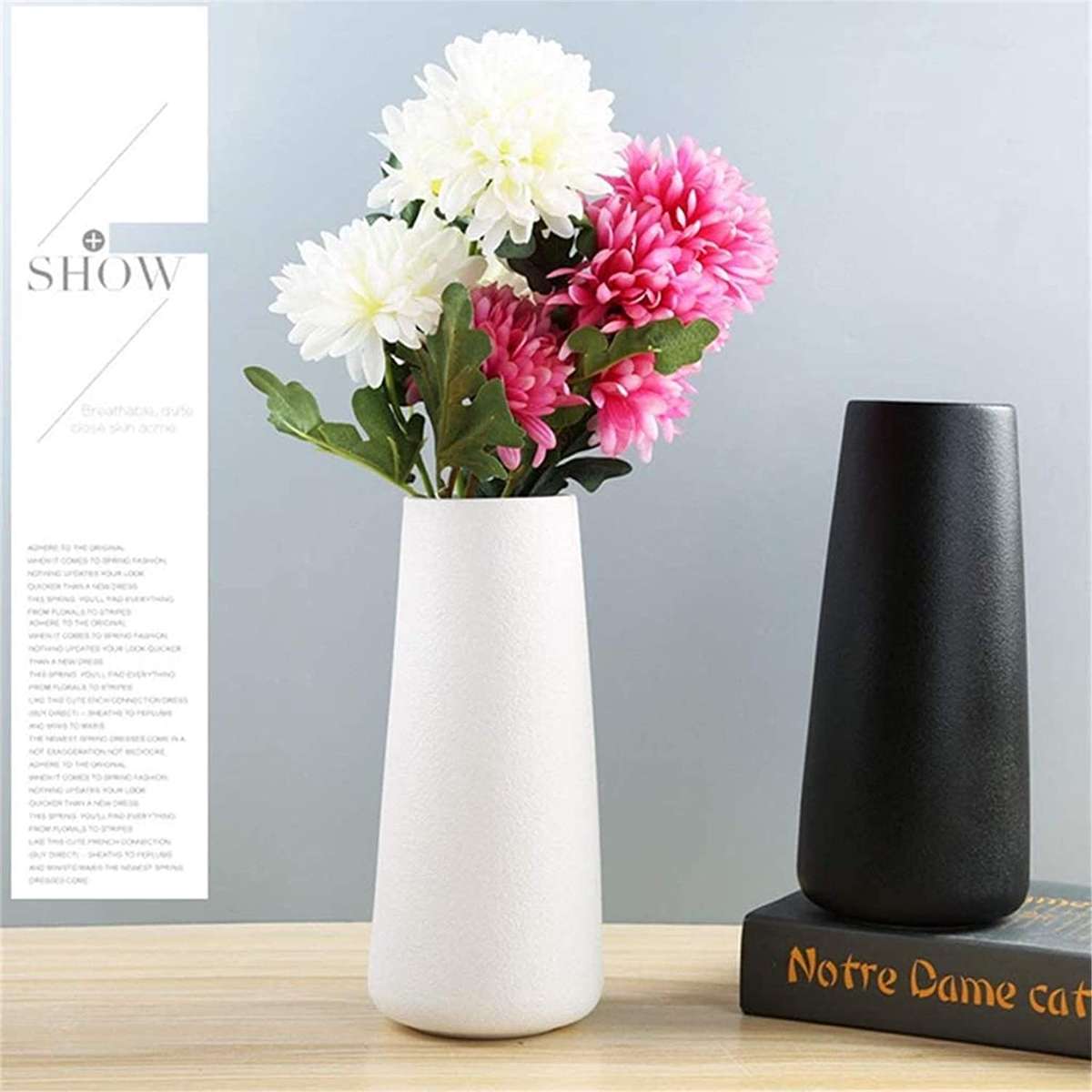 Gemseek White Ceramic Flower Vase, 8 inch Tall Modern Vase for Living