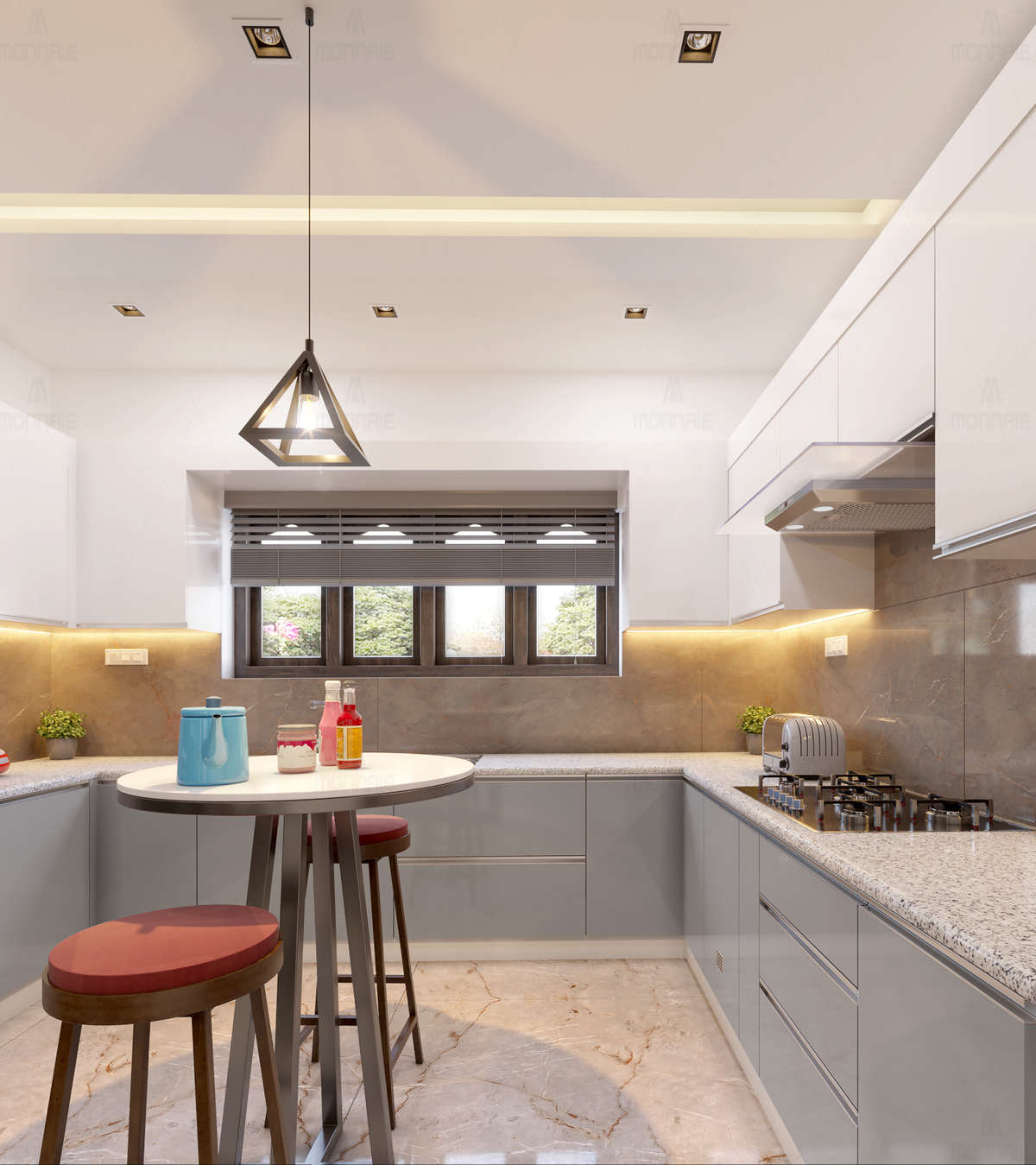 Ceiling, Kitchen, Lighting, Storage Designs by Architect Monnaie Architects And Interiors, Palakkad | Kolo