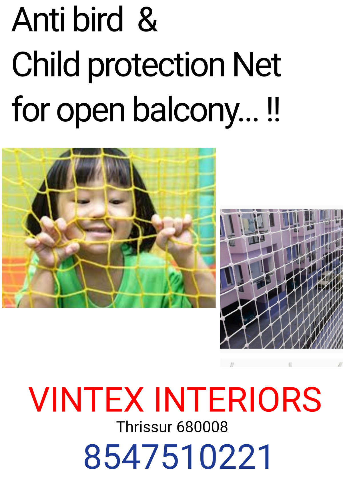 Antibird netting for open balcony of any higest bldg, roof top etc...