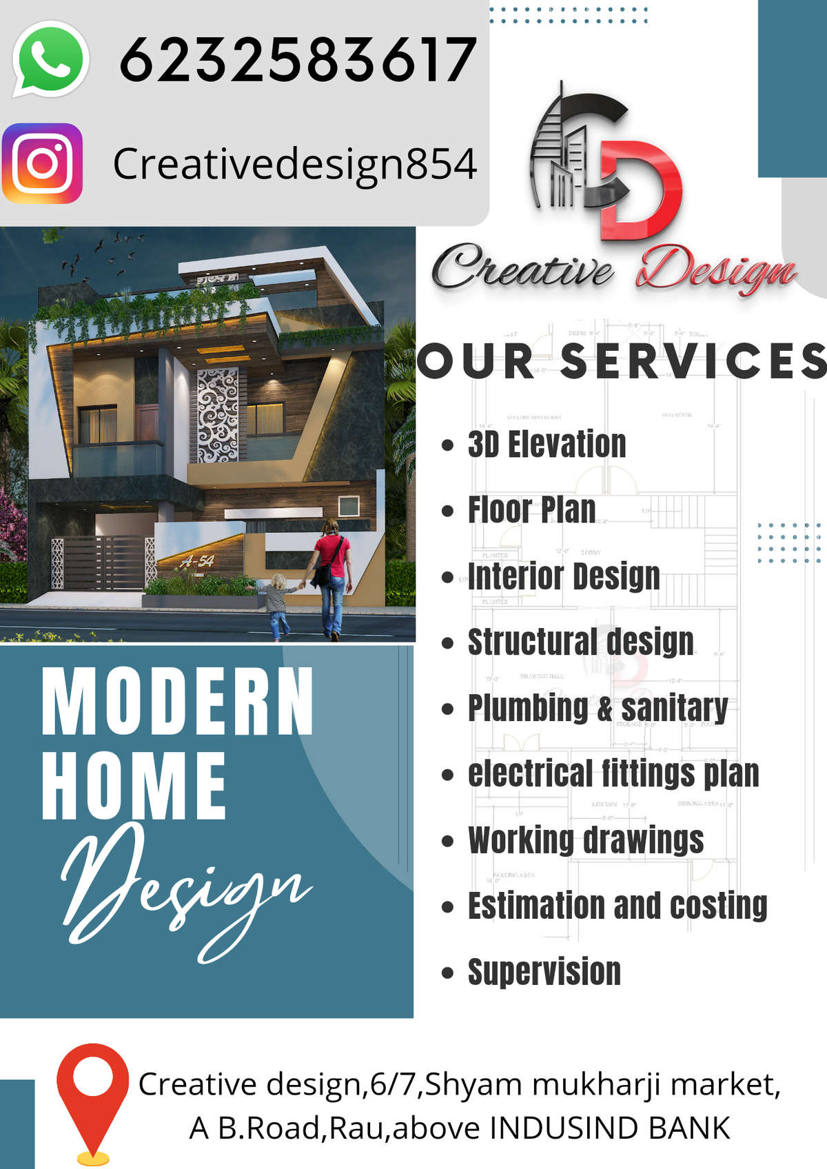 Contact CREATIVE DESIGN on xxxxxxxxxxx7.
For ARCHITECTURAL(floor plan,3D Elevation,etc),STRUCTURAL(colom,beam designs,etc) & INTERIORE DESIGN.
At a very affordable prices & better services.