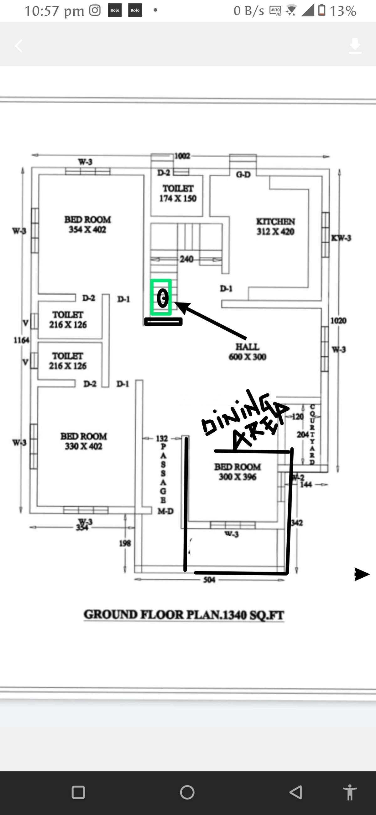 Green line indicated wash area.
changed the plan a bit by reducing the sit out  to make little more space for dining/living which is very essential for placing a 4seater dining and courtyard can be made visible from the living area