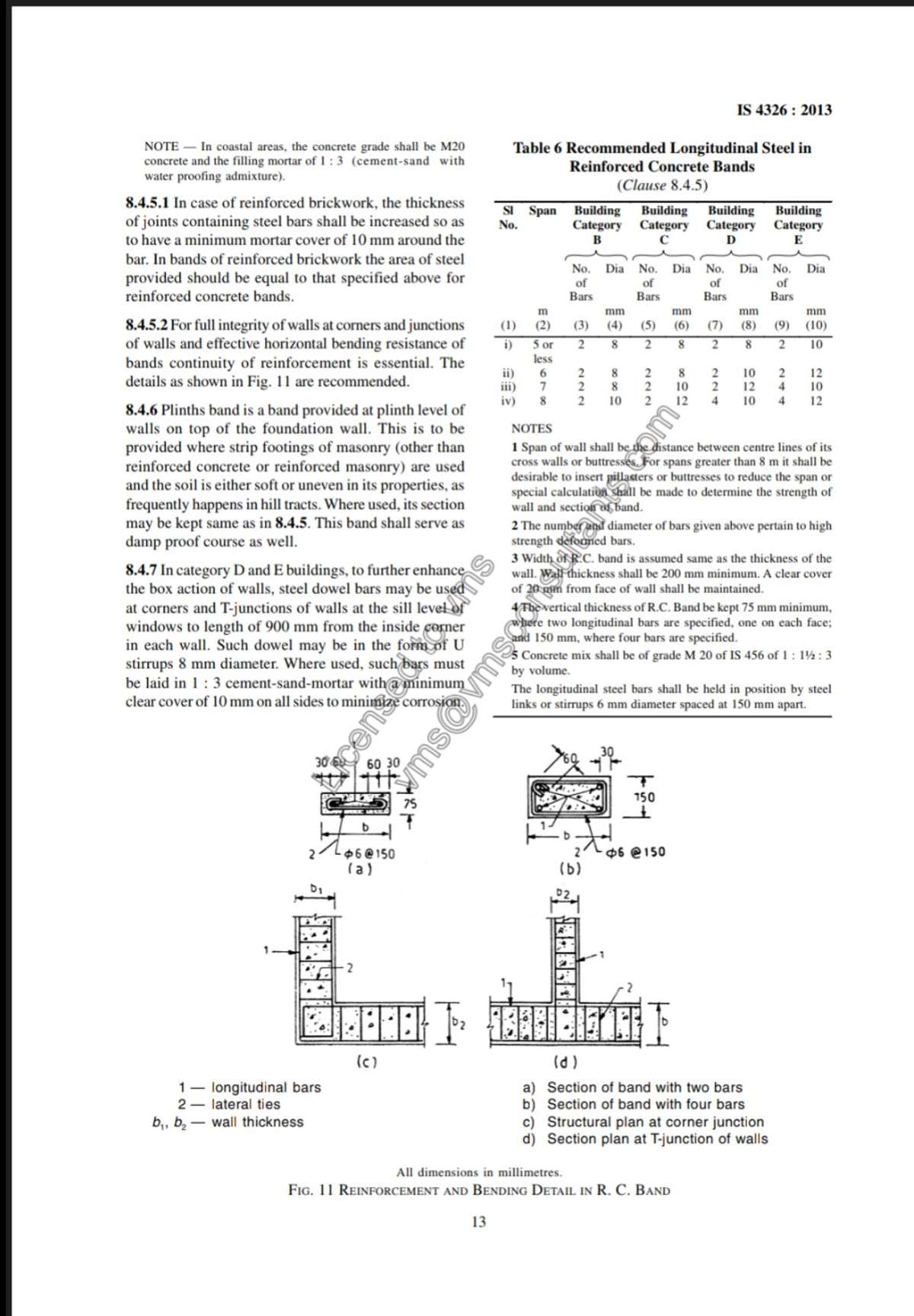 Openings നു മുകളിൽ വരുന്ന Lintel ന് അതിൻ്റ അളവനുസരിച്ചും Load bearing wall ൽ  ഭിത്തി പുറത്തു വരുന്ന ഭാഗങ്ങളിൽ RCC band (Runner)ആയും ലാഭകരമായി ചെയ്യാവുന്നതാണ് എങ്കിലും അതിനു മുകളിലേക്കു വരുന്ന ഭിത്തിയുടെ ബാക്കി ഉയരം uniform course ൽ ചെയ്യാൻ ഒരേ കനം ചെയ്താൽ നന്നായിരിക്കും. രണ്ടു തരത്തിലുള്ള R c.c Band (Belt)കൾ Is 4326 ൽ ശുപാർശ ചെയ്യുന്നുണ്ട് .ജനലിനും, കതകിനും, മറ്റു തരത്തിലുള്ള Openings ൻ്റെ മുകളിലും ആവശ്യാനുസരണമുള്ള re bar detailing follow ചെയ്യുക.