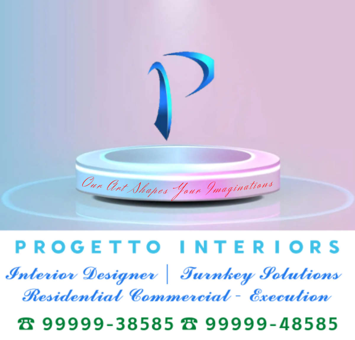 Greet of the day

Add positive Sparks to lifestyle by giving designer elegance to Home & Work spaces with latest & modern interior concepts of Progetto Interiors.
We serve end to end high quality Turnkey Solutions for Residential & Commercial  clients across Delhi NCR.
Key Benefits with us : 

∆ Space analysis 
We measure and plan the site  with correct calculation on 2D plans.

∆ Designing 
Designs are prepared after deep discussion with customer to understand the choice and requirements.

∆ Planning
We understand the customer's interest of work. Plan of action to execute the project in systematic order we share the List of work in series. Which helps them to follow the work schedule.

∆ Execution 
 We provide Turnkey Solutions with skilled labour and quality assurance within set budget.

∆ Budgeting 
 We are working since 2008 and with such professional experience we are capable to prepare detailed Costing of project without hidden expenses. Our execution quotes never crosses the  calculated price for assigned works under M/s Progetto Interiors .

∆ Assurance
Its sole responsibility of Progetto Interiors to manage skilled labour and best quality material during execution under Turnkey Solutions.
Work Schedule : Proper detailed Schedule of working are given to customer with plan of action on weekly basis to avoid any payment conflicts. 

∆ Commission to customer 
All the hidden commissions from shopkeeper and Designer discounts on purchase are directly transferred to customer. 

Hoping a professional Relationship ahead

 Feel free to contact us at:
☎️ 99999-38585
☎️ 99999-48585
 
Private Builders and Architects please excuse us.  We only serve end users.

Instagram👇👇

https://www.instagram.com/invites/contact/?i=bhdkg8cxqa50&utm_content=mg2qrvm